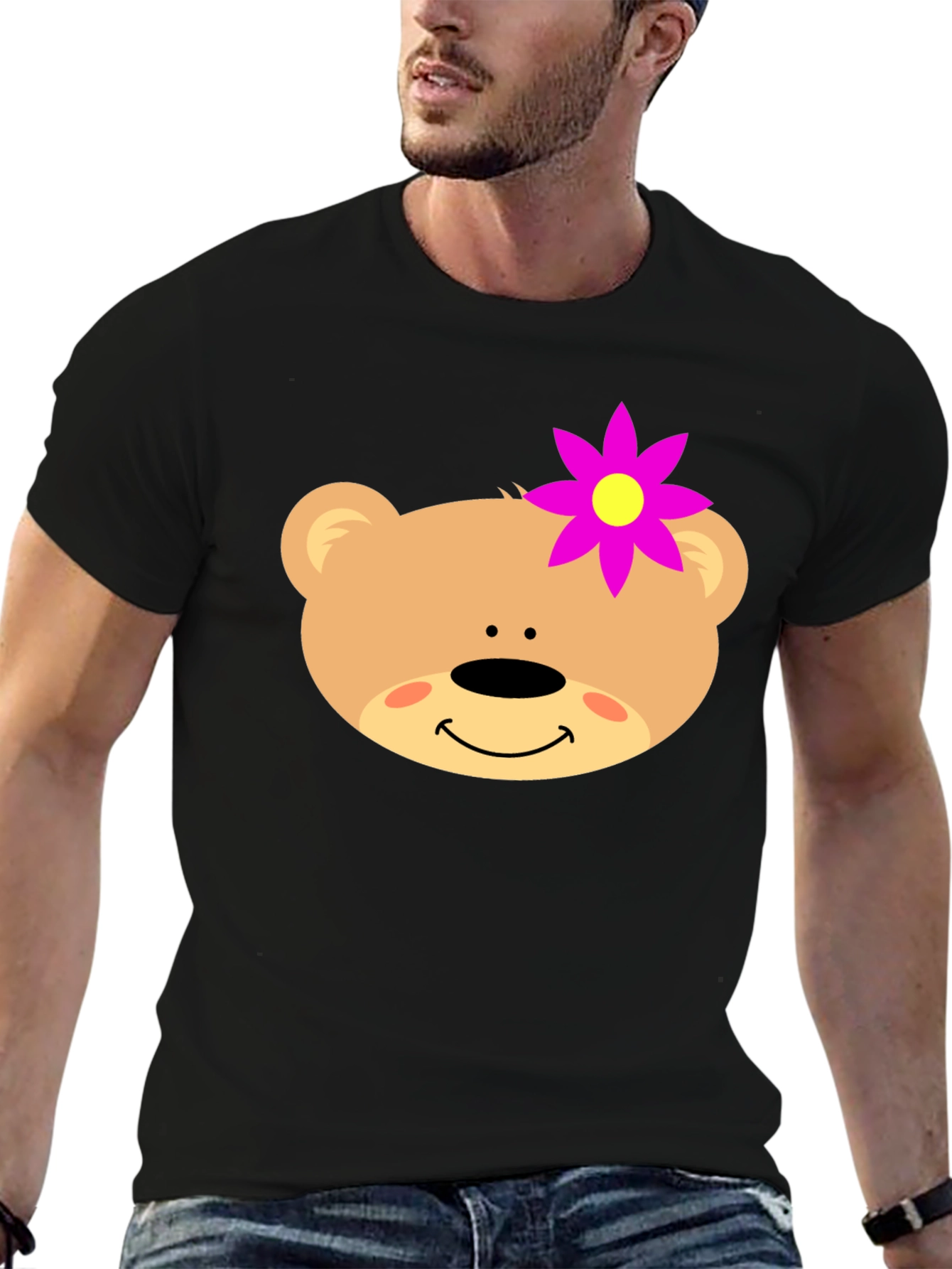 Cute Bear Face T-Shirt with Flower