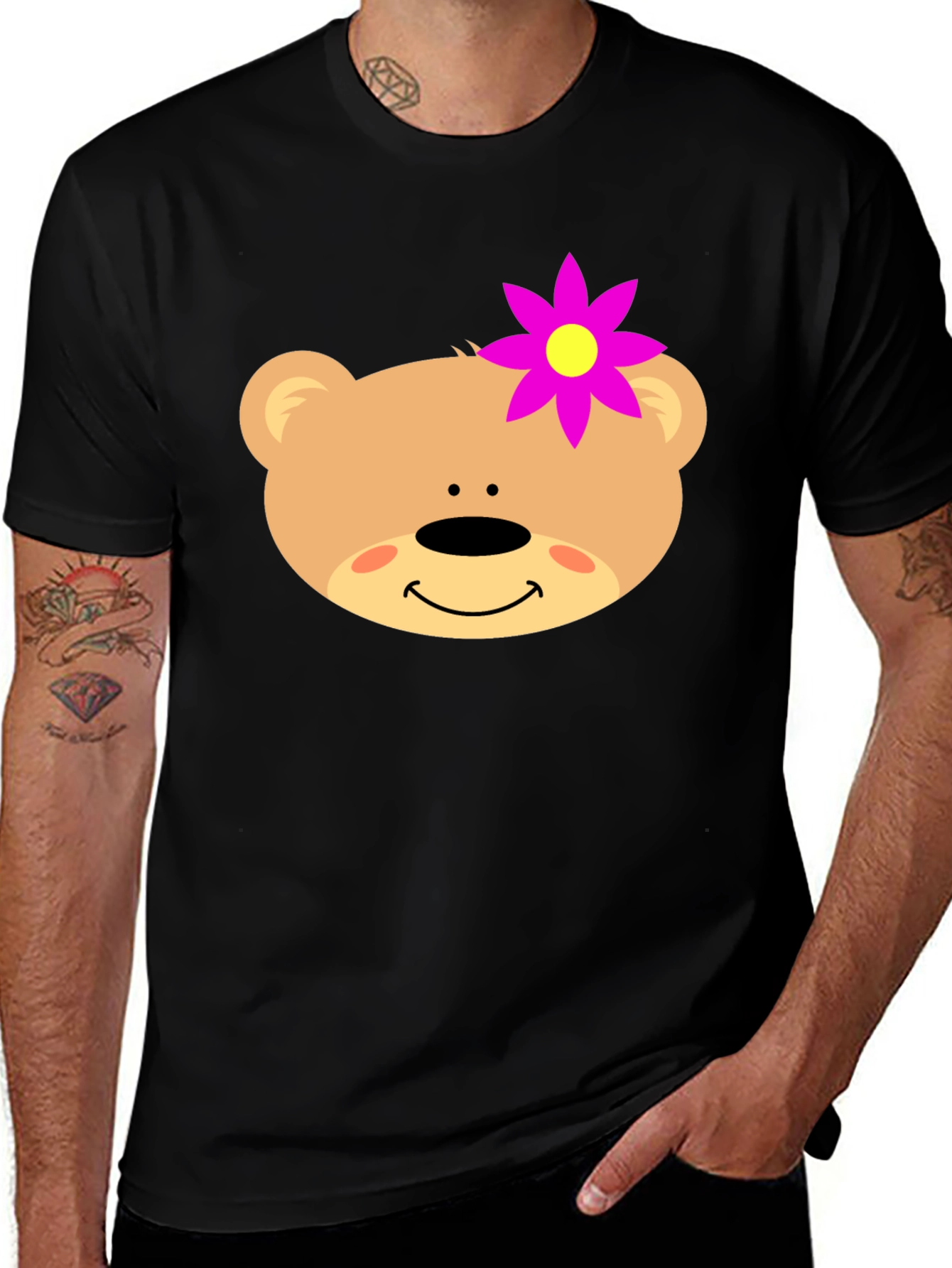 Cute Bear Face T-Shirt with Flower