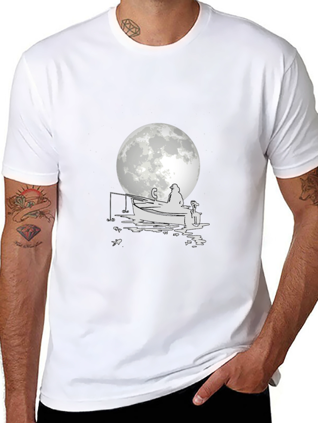 Fisherman on Boat T-Shirt - Moonlit Design