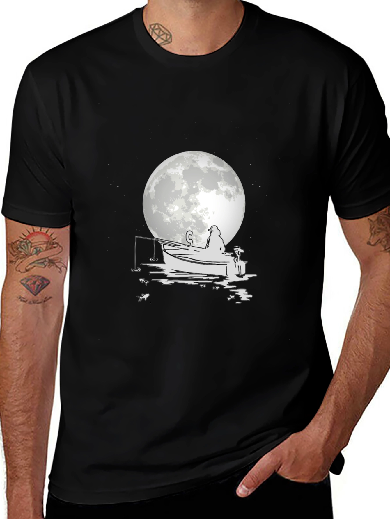 Fisherman on Boat T-Shirt - Moonlit Design