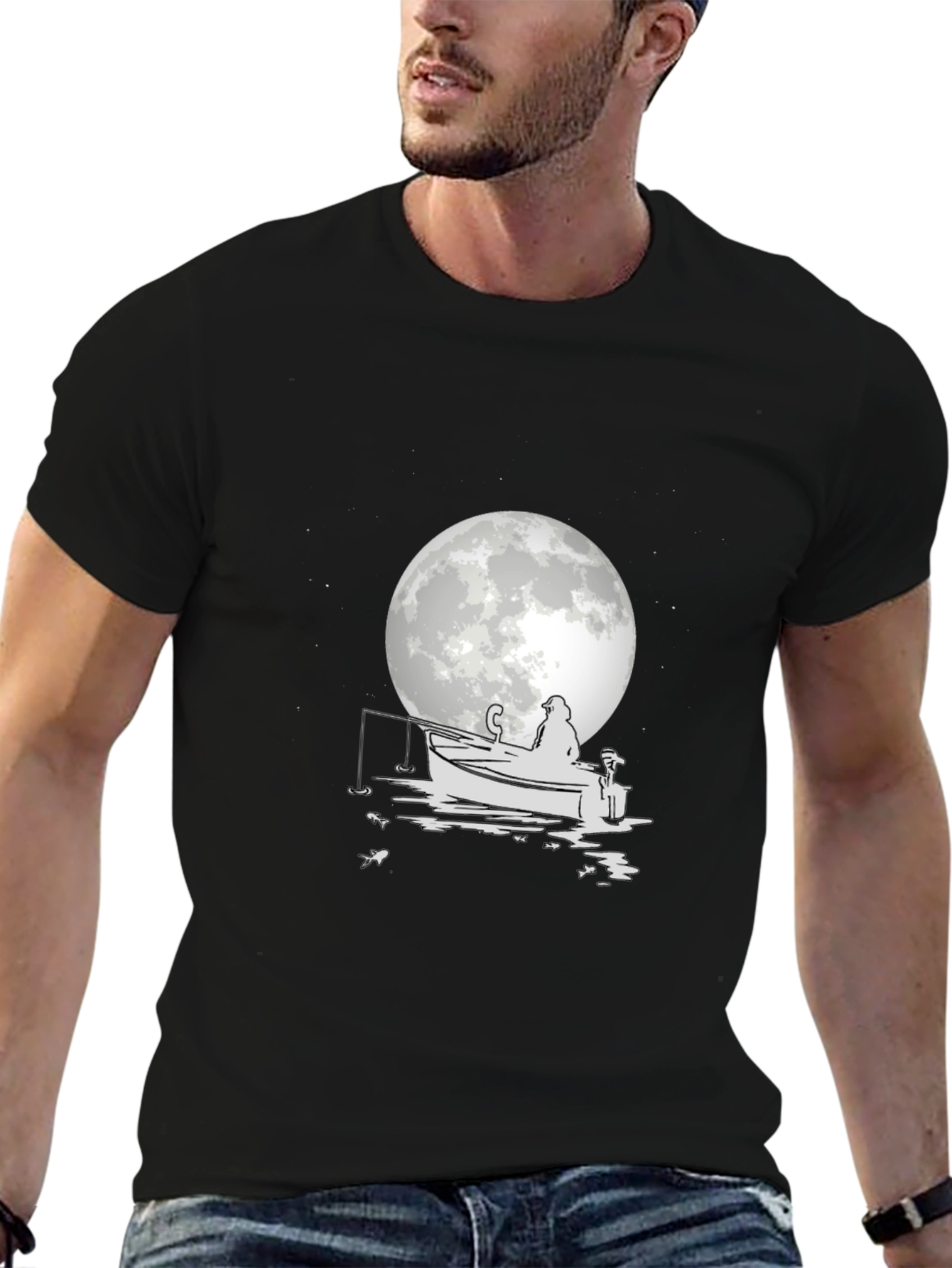 Fisherman on Boat T-Shirt - Moonlit Design