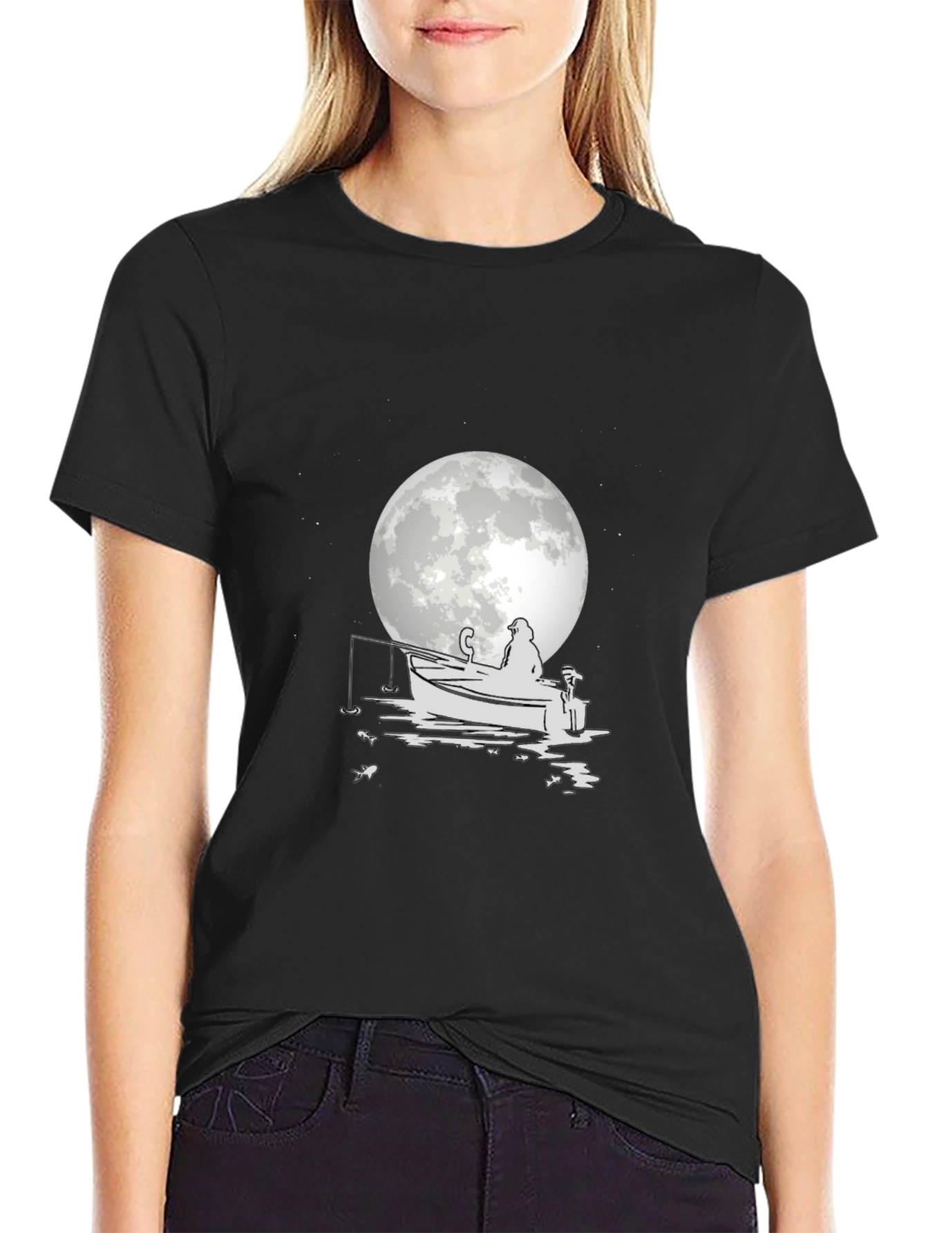 Fisherman on Boat T-Shirt - Moonlit Design