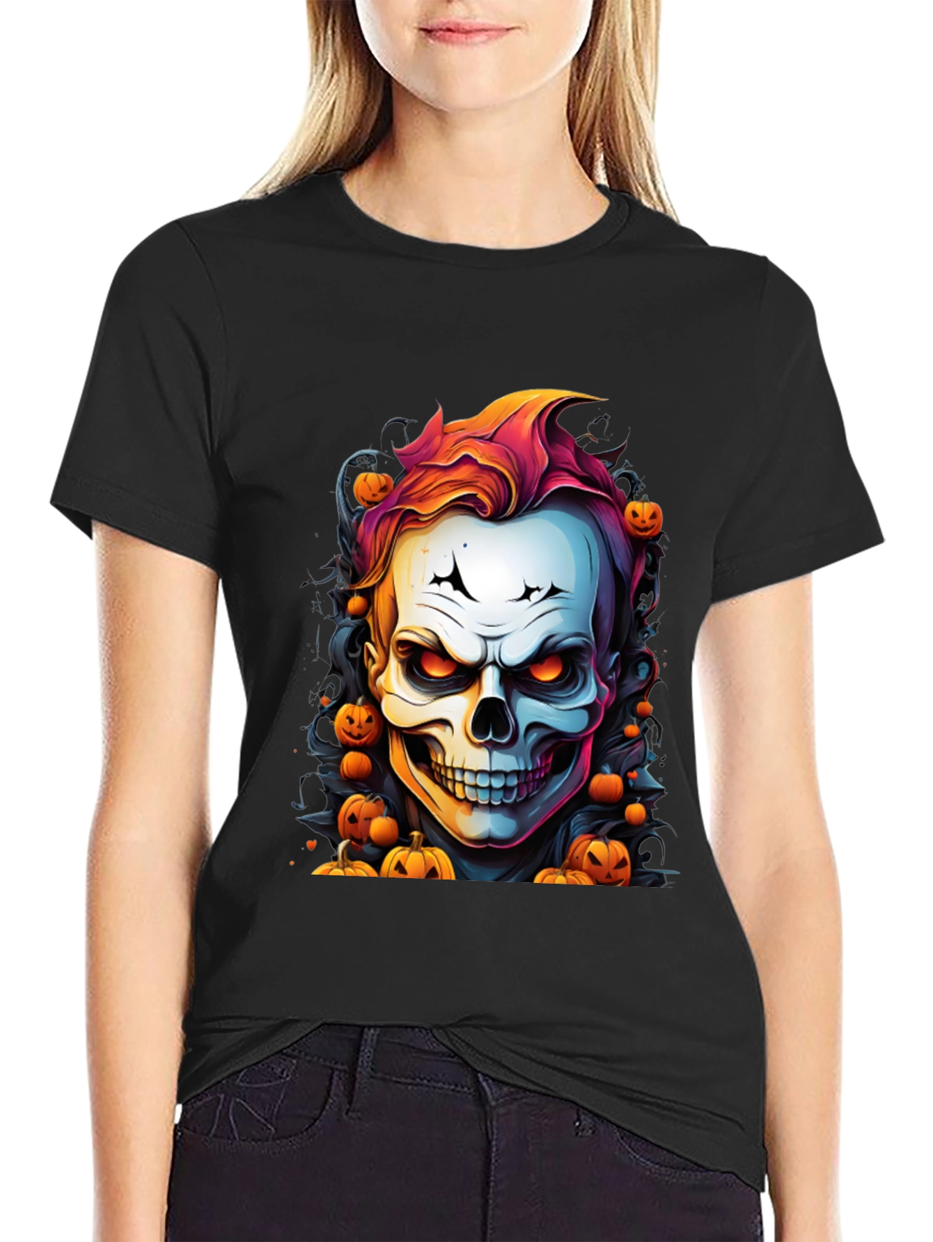 Halloween Skull & Pumpkins Graphic T-Shirt