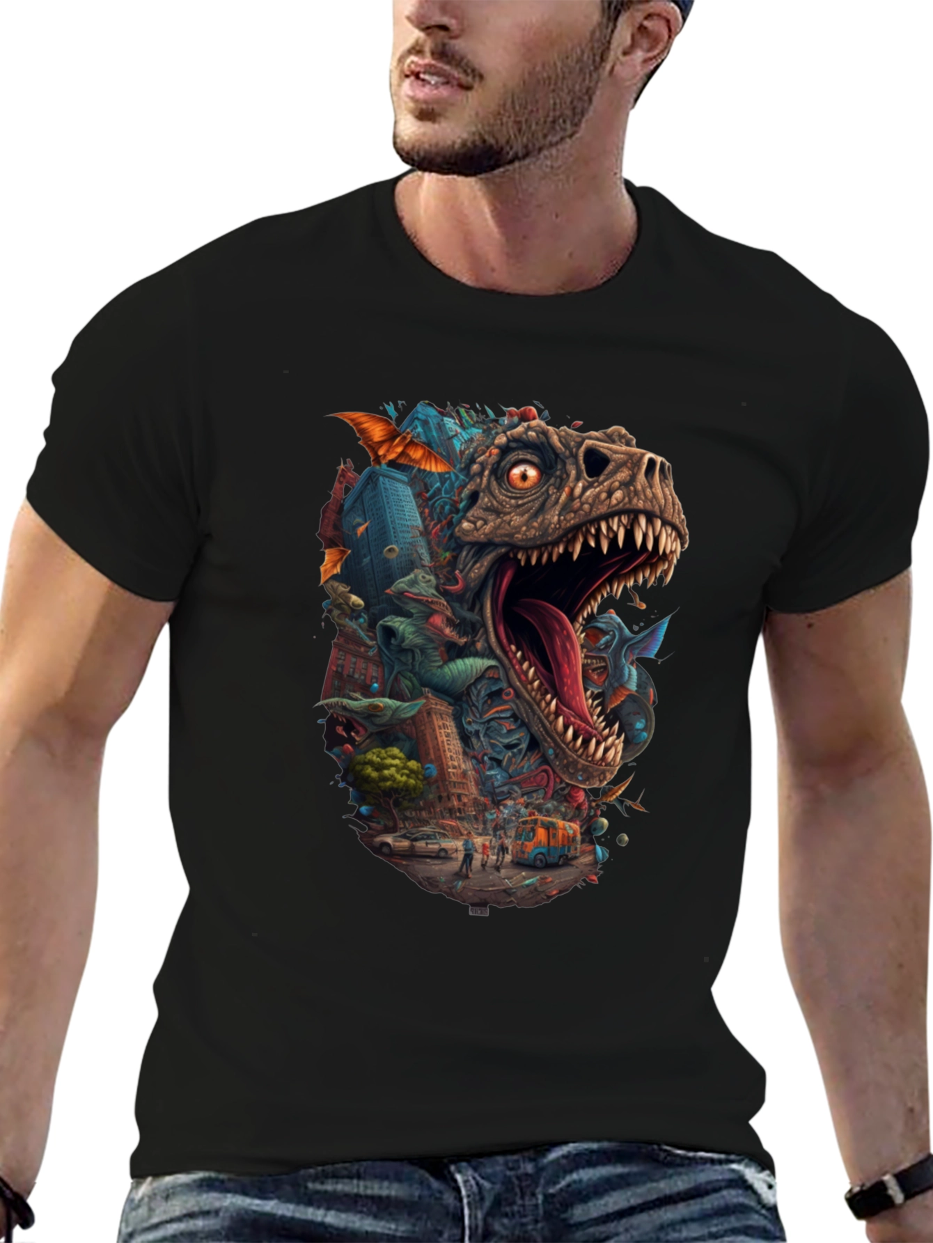Dinosaur Cityscape Graphic Tee - Black