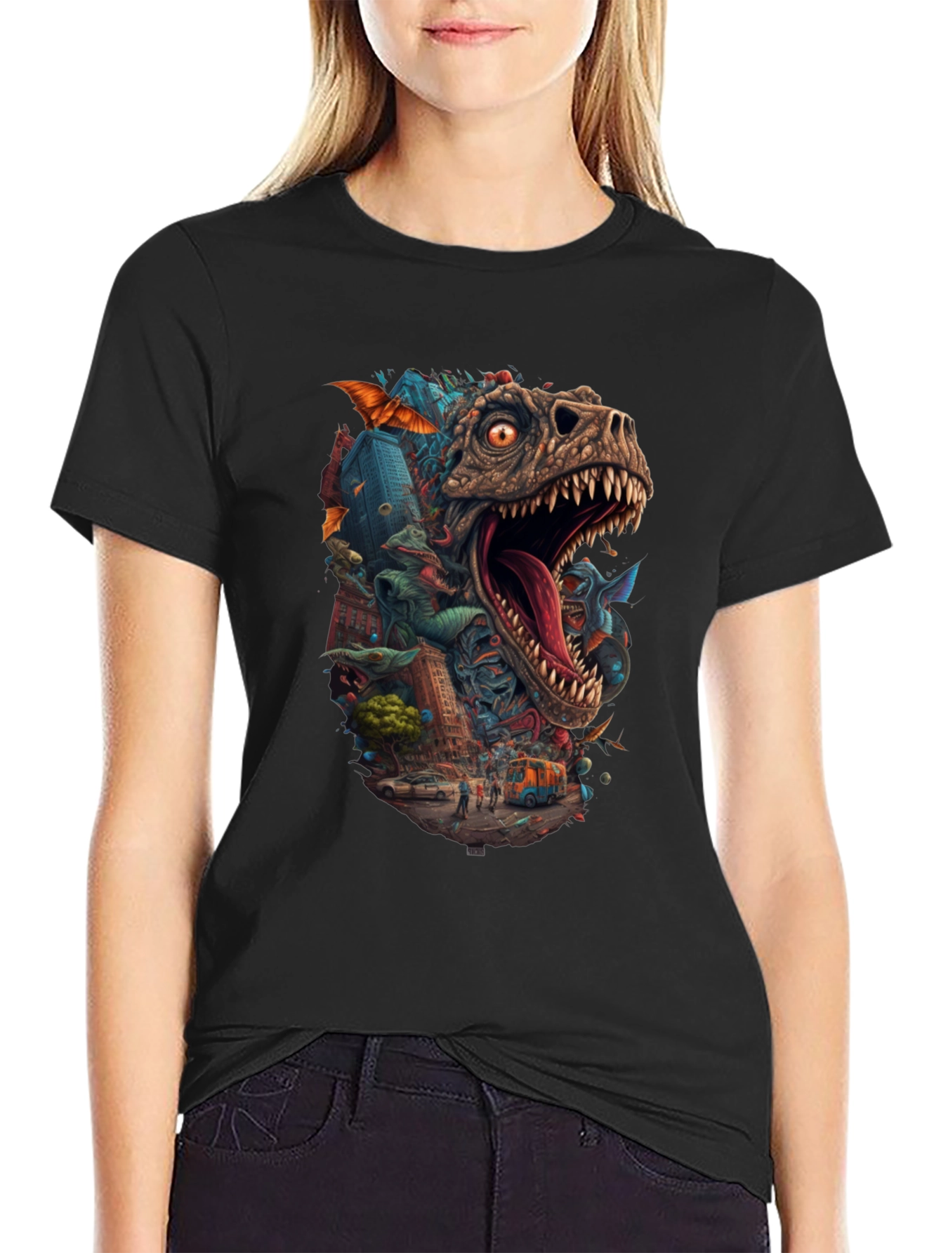 Dinosaur Cityscape Graphic Tee - Black