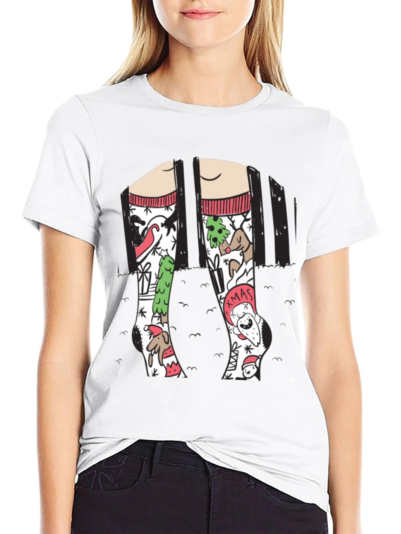 Festive Christmas Socks Graphic Tee - Holiday Fun