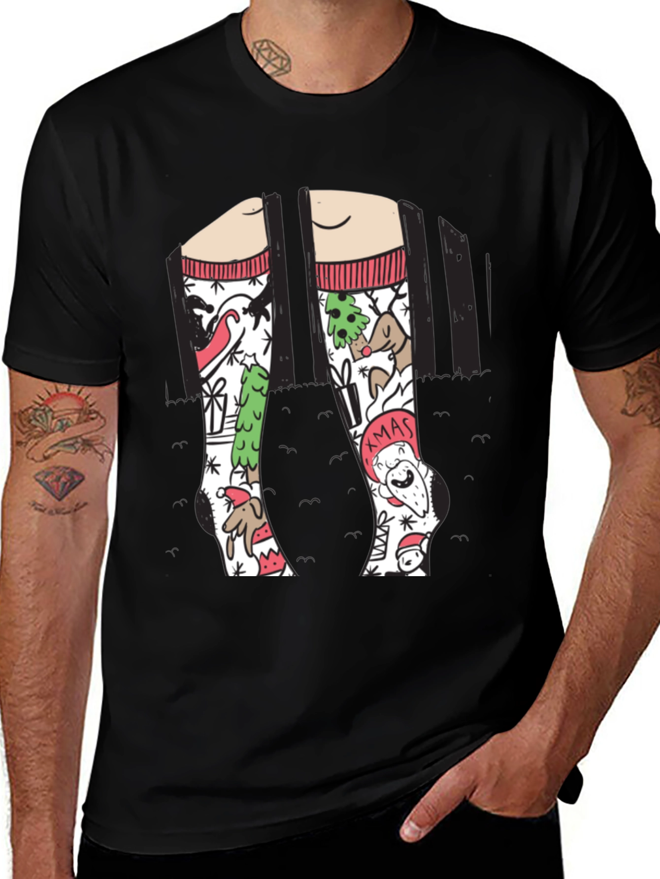 Festive Christmas Socks Graphic Tee - Holiday Fun