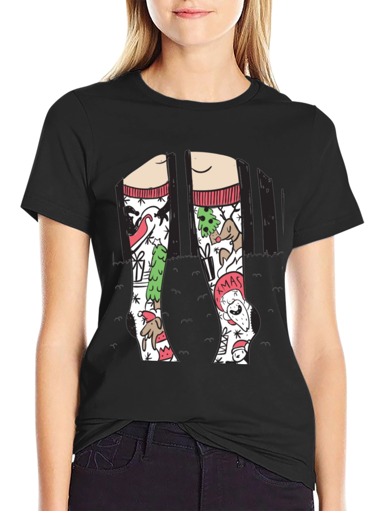 Festive Christmas Socks Graphic Tee - Holiday Fun