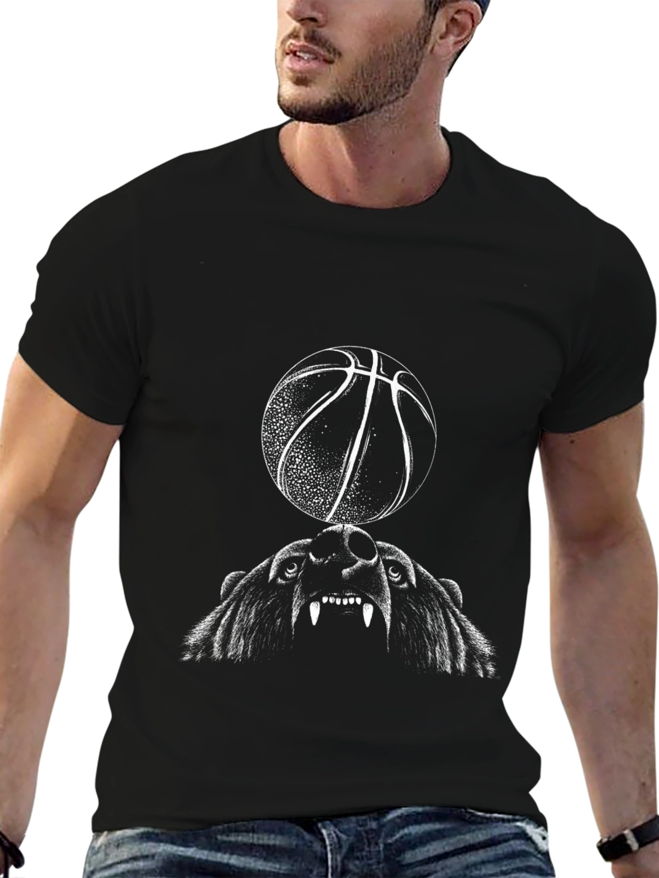 Bear and Basketball Graphic Tee - Black