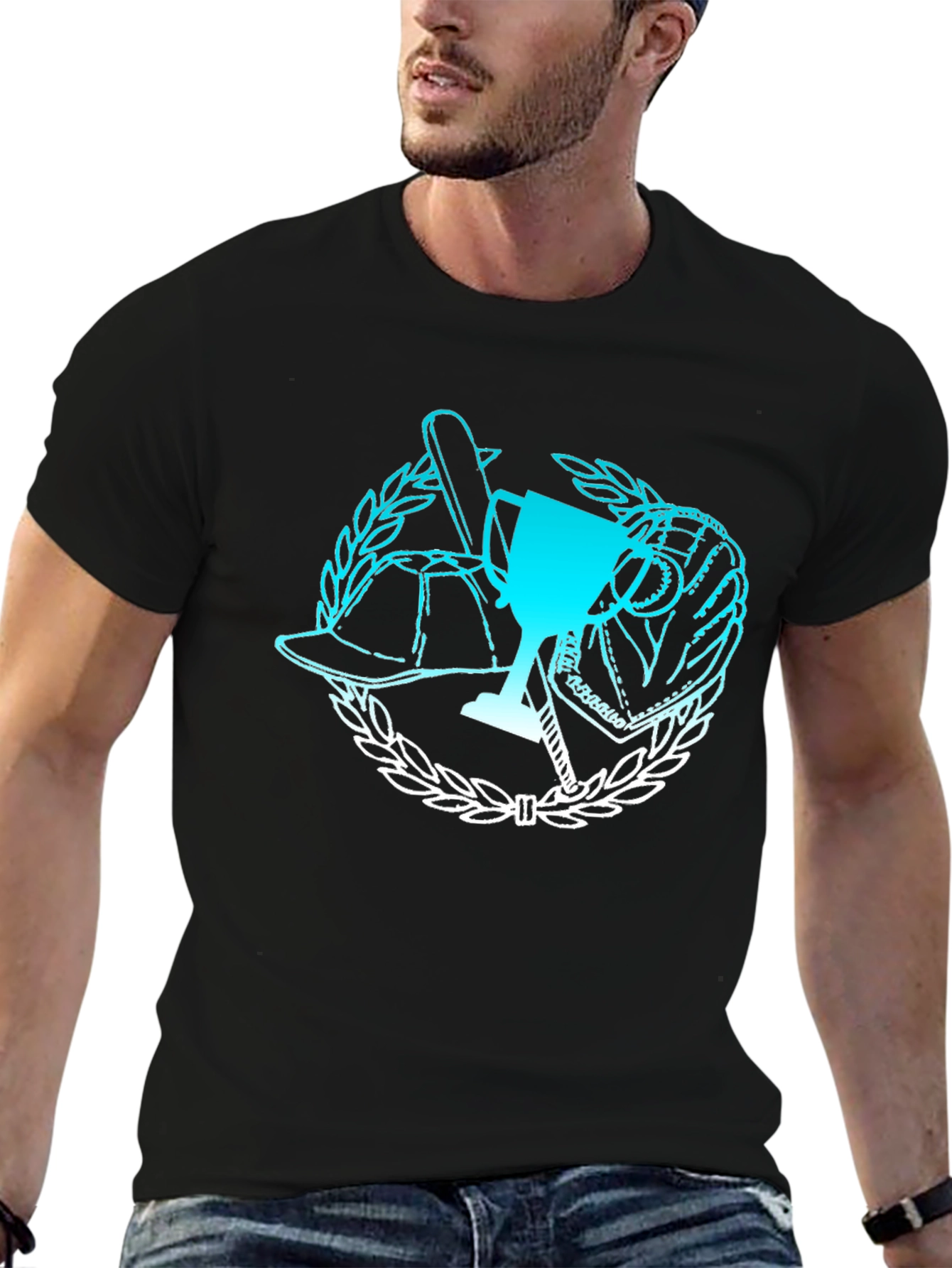 Baseball Trophy Graphic Tee - Black Cotton T-Shirt