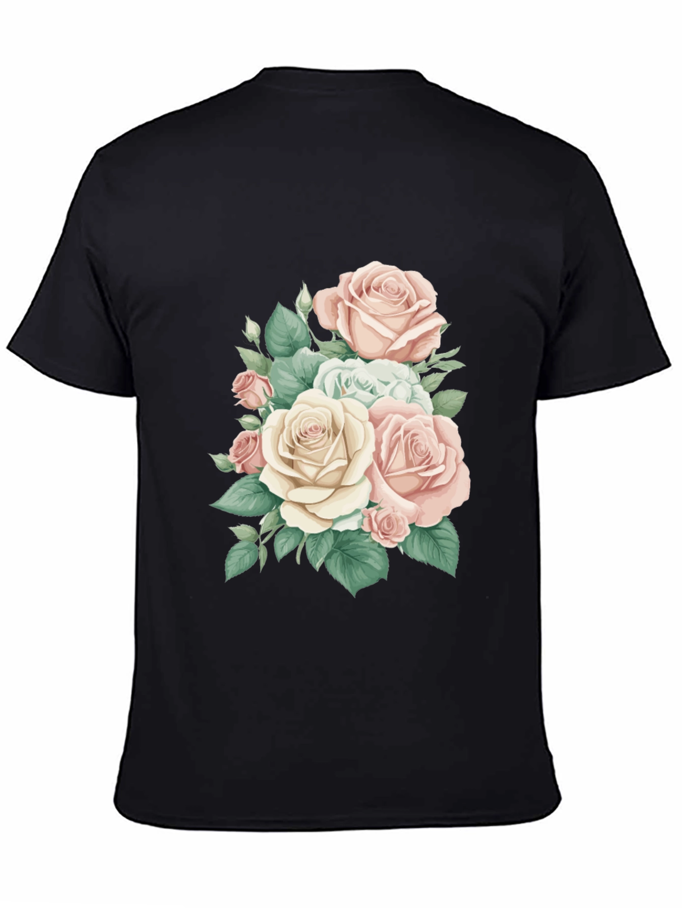 Elegant Floral Rose Print Black T-Shirt