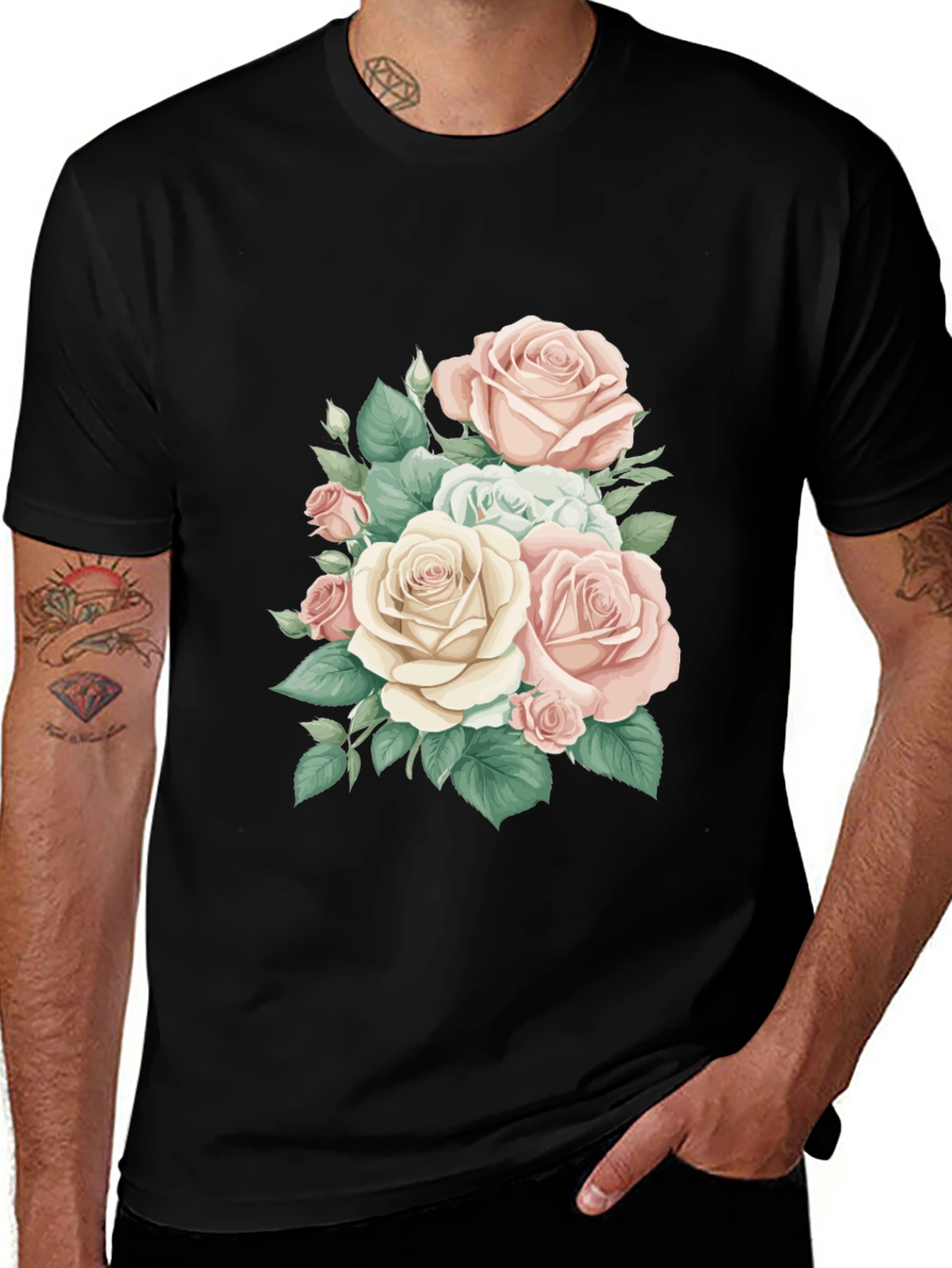 Elegant Floral Rose Print Black T-Shirt