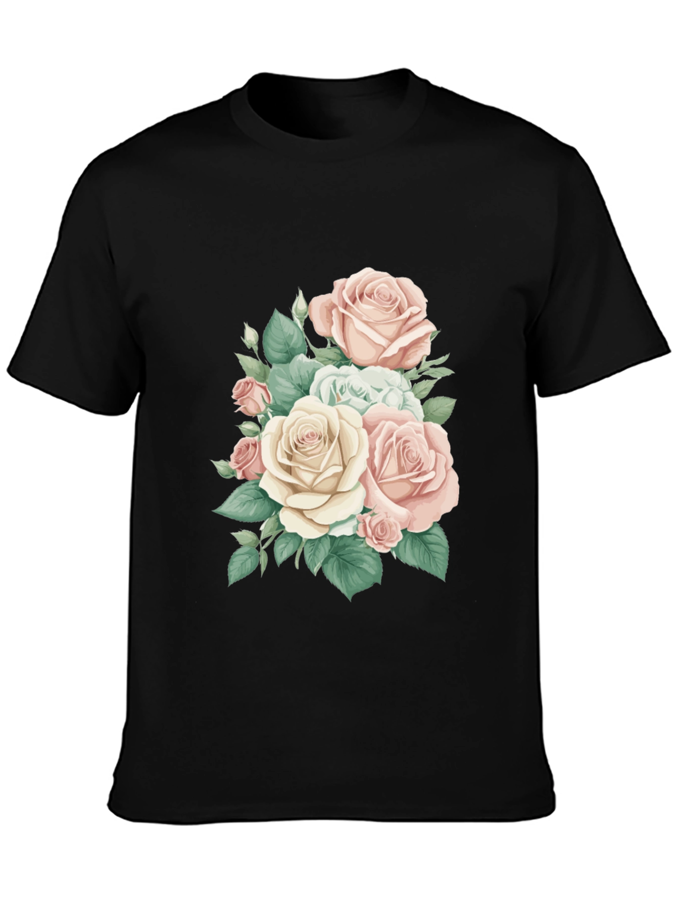 Elegant Floral Rose Print Black T-Shirt