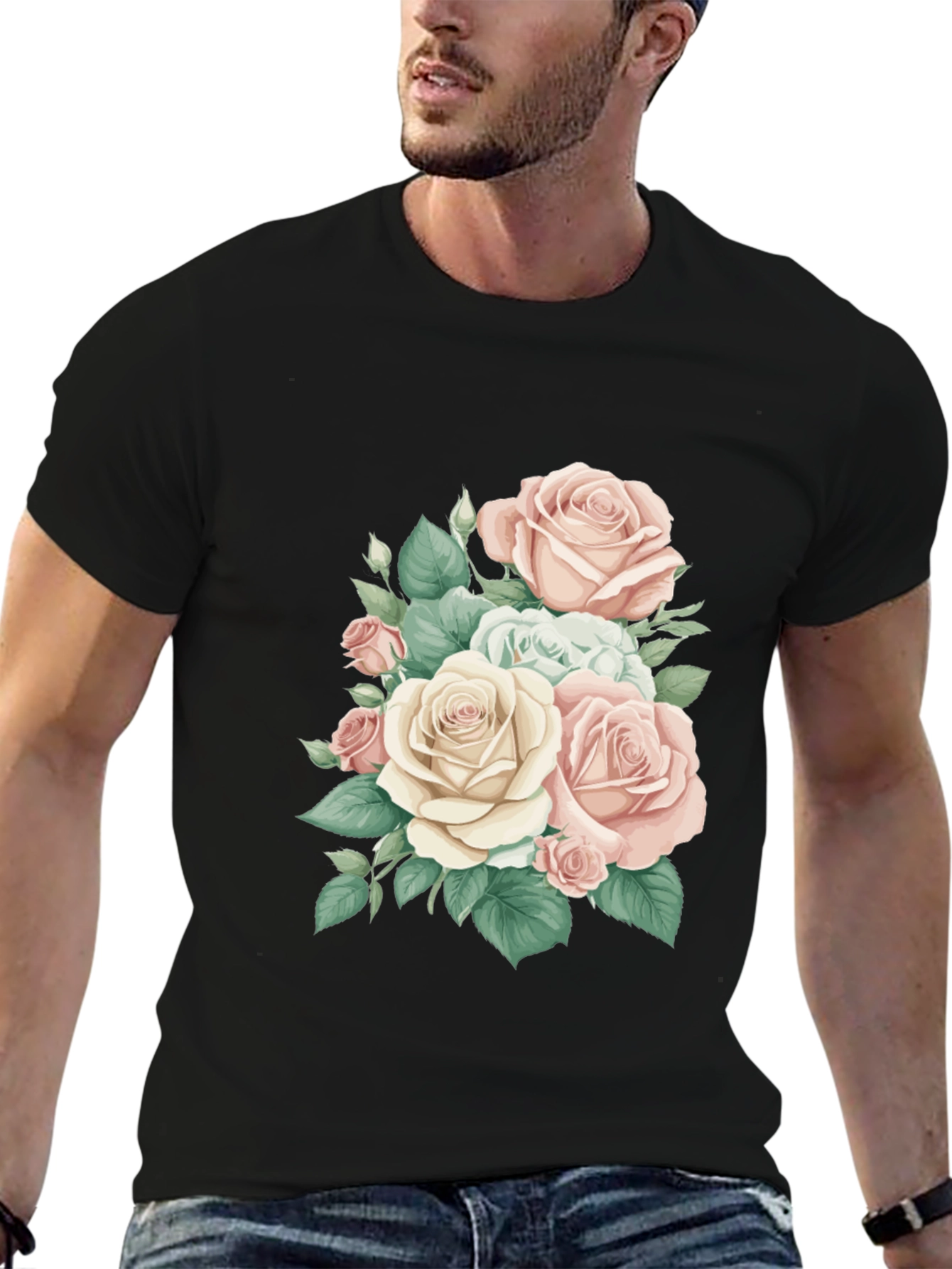 Elegant Floral Rose Print Black T-Shirt