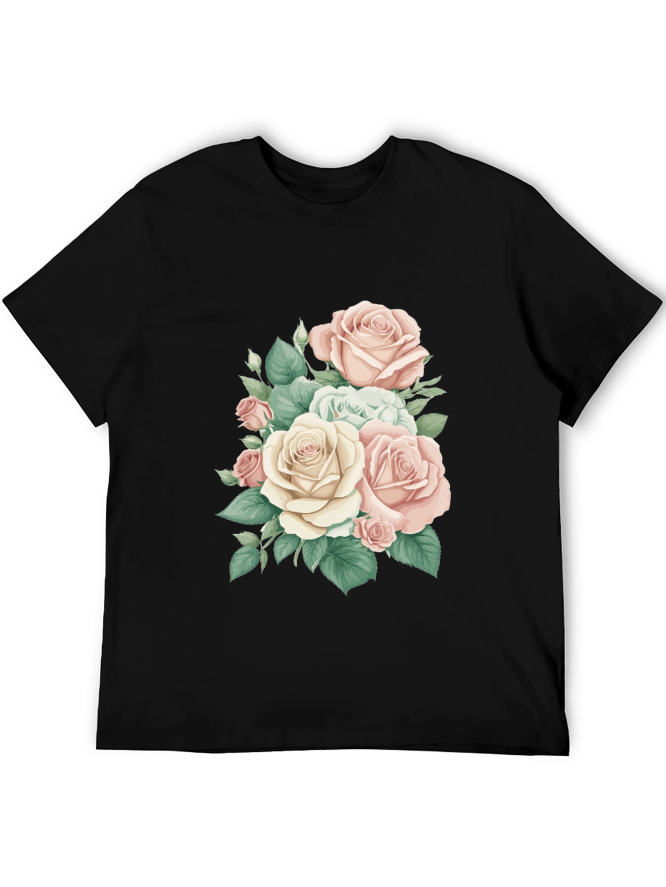 Elegant Floral Rose Print Black T-Shirt