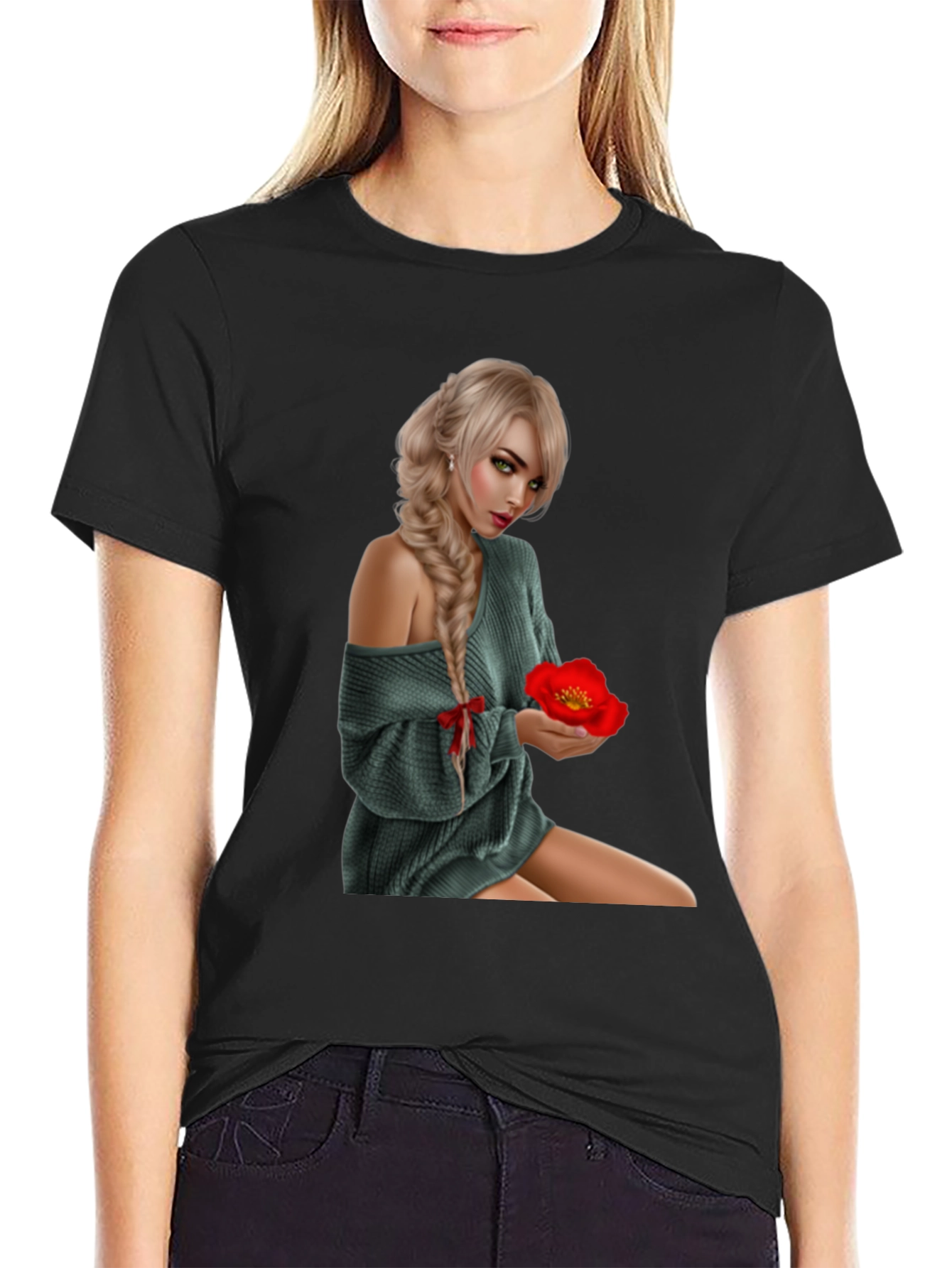 Woman with Flower Graphic T-Shirt