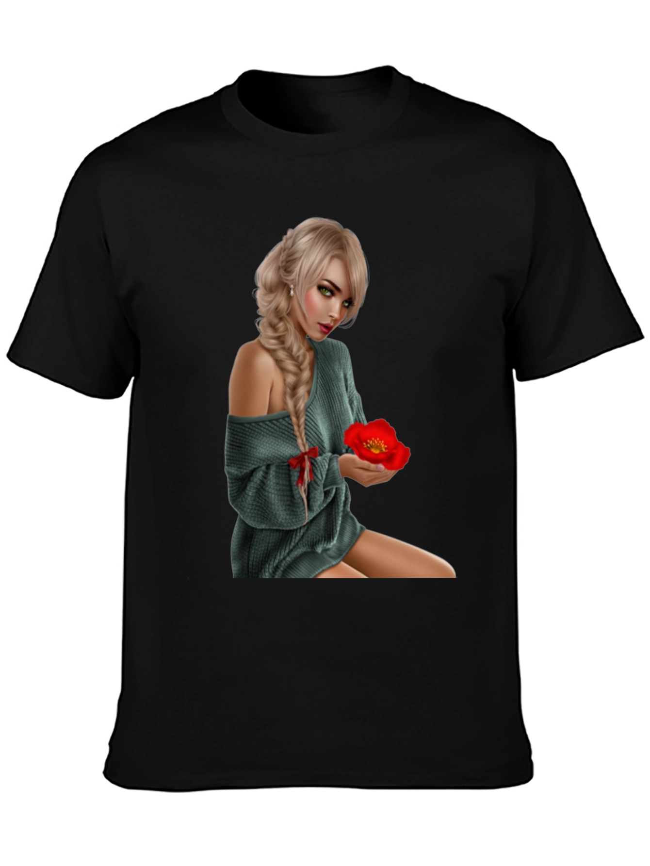 Woman with Flower Graphic T-Shirt