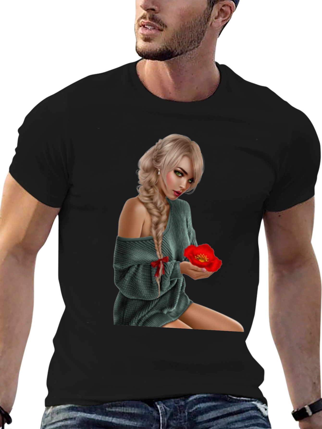Woman with Flower Graphic T-Shirt