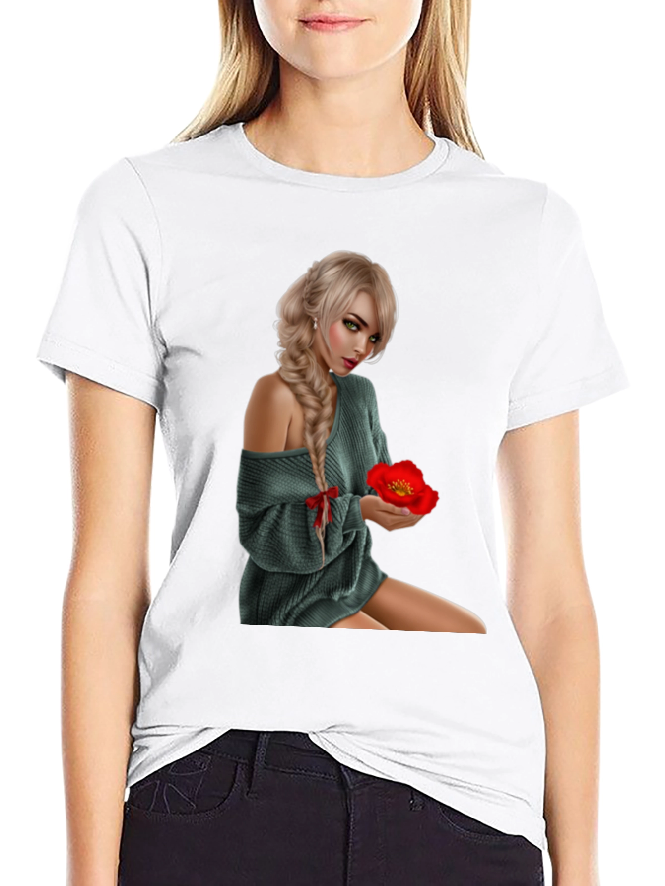 Woman with Flower Graphic T-Shirt