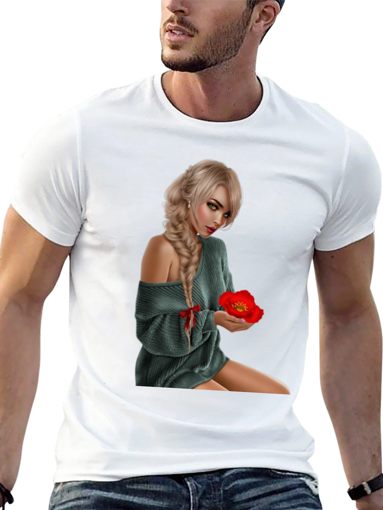 Woman with Flower Graphic T-Shirt