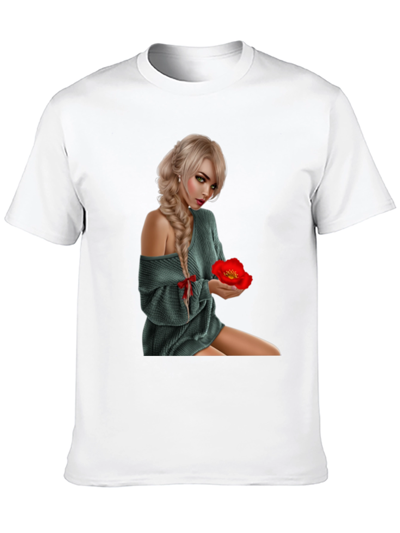 Woman with Flower Graphic T-Shirt