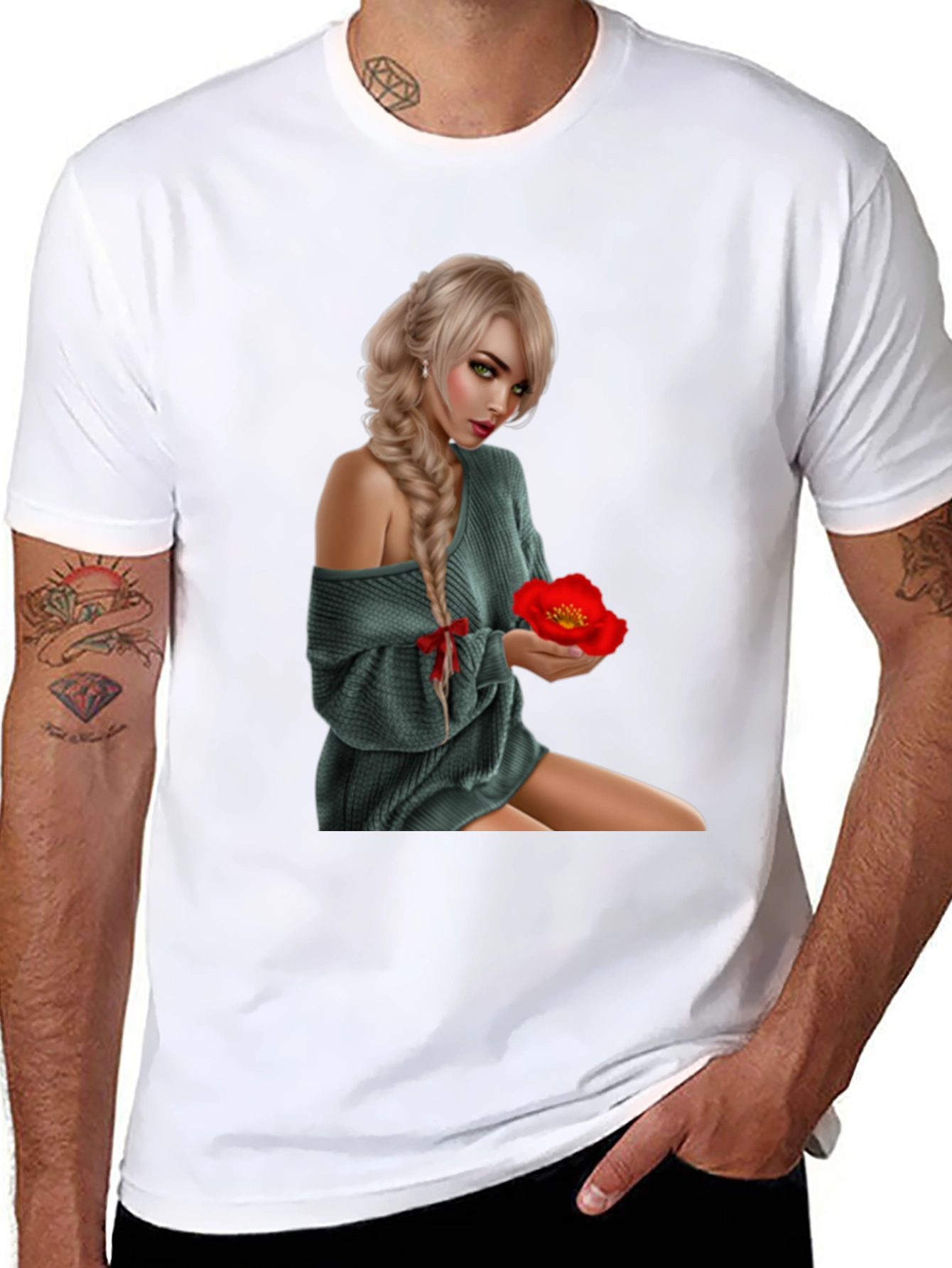 Woman with Flower Graphic T-Shirt