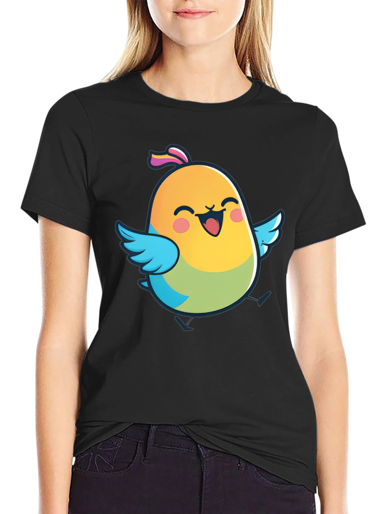 Cute Bird Graphic Black T-Shirt