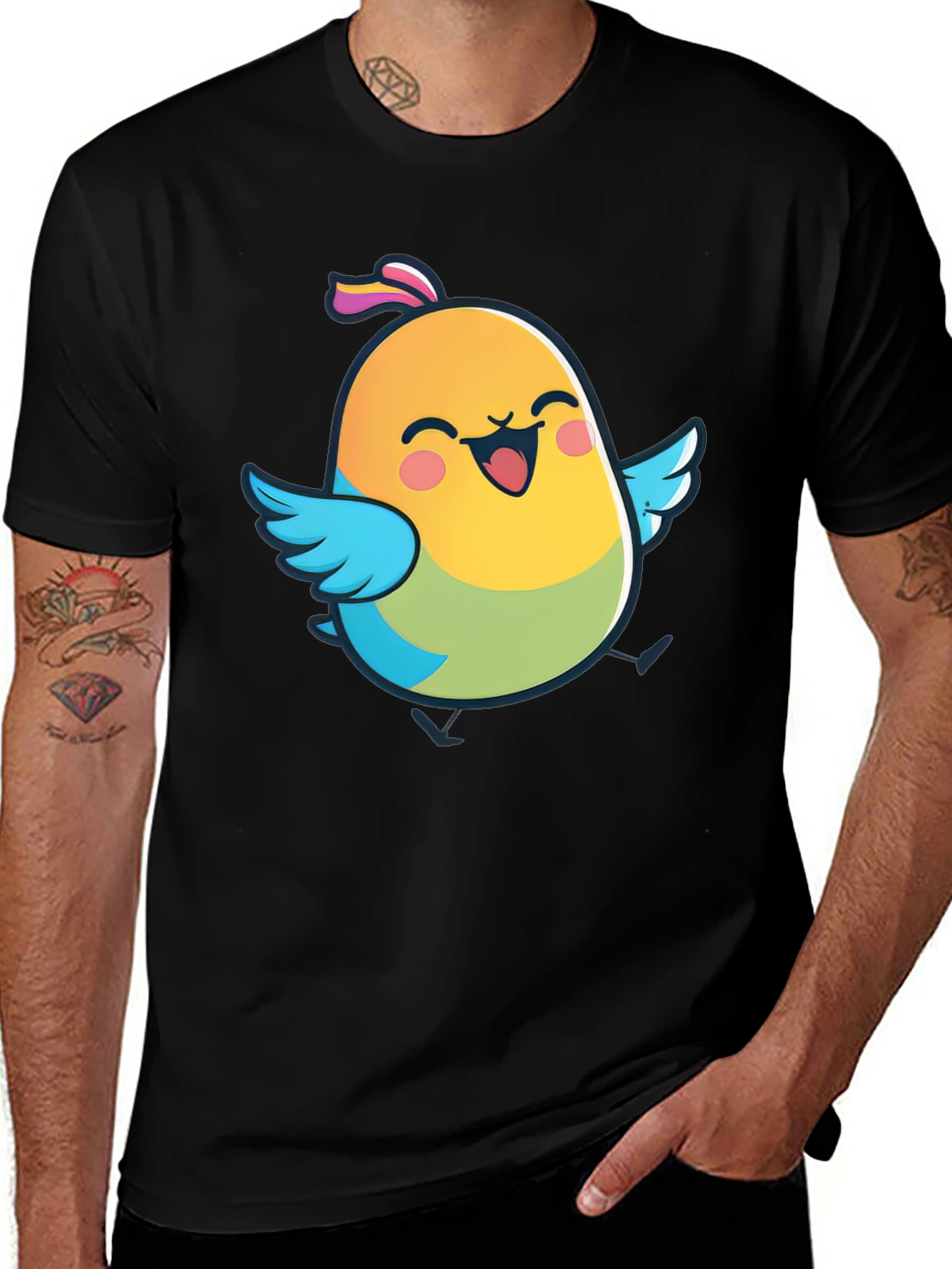 Cute Bird Graphic Black T-Shirt