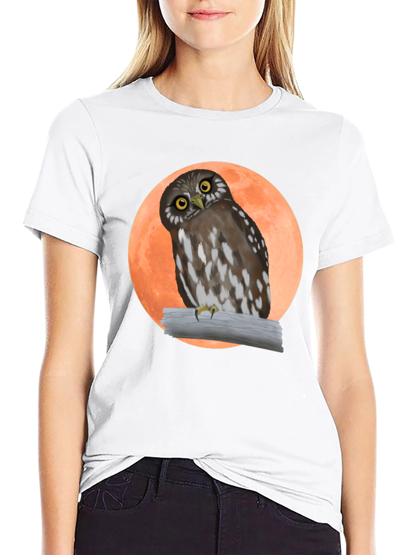 Owl on Branch Graphic Tee - Black Cotton T-Shirt