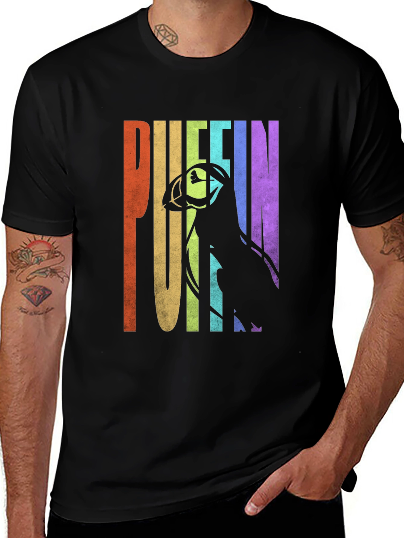 Puffin Graphic T-Shirt - Rainbow Letters Bird Silhouette