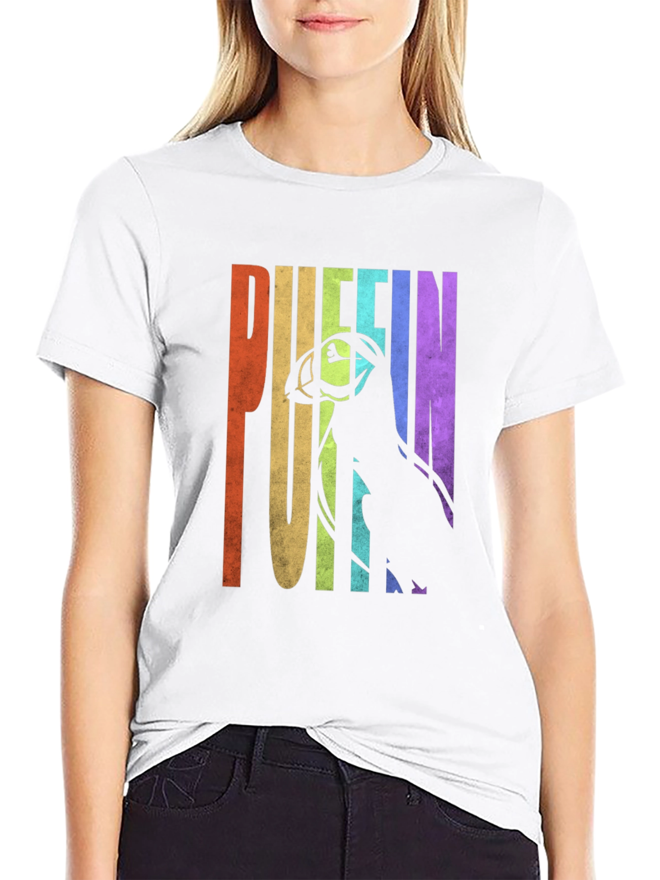 Puffin Graphic T-Shirt - Rainbow Letters Bird Silhouette