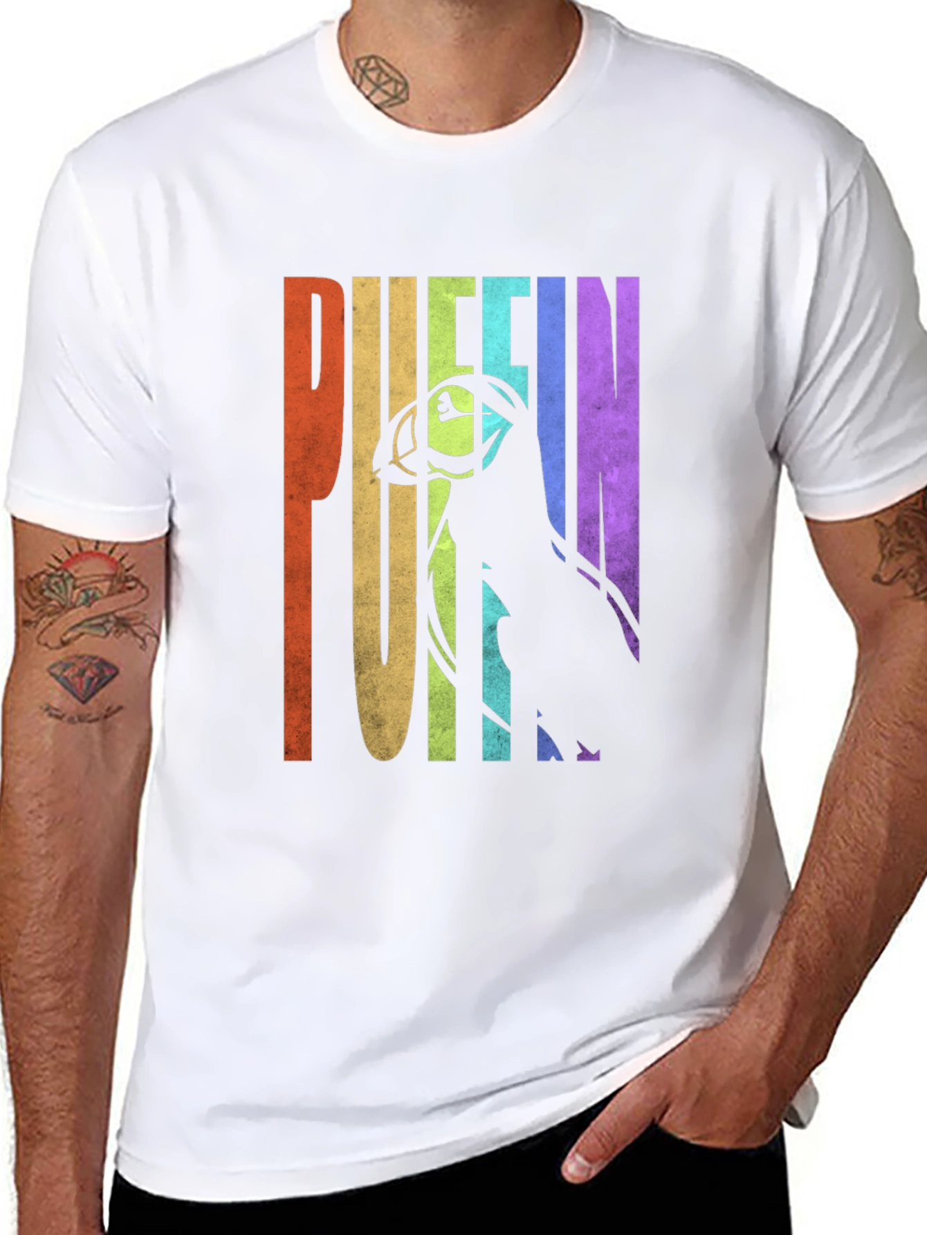 Puffin Graphic T-Shirt - Rainbow Letters Bird Silhouette
