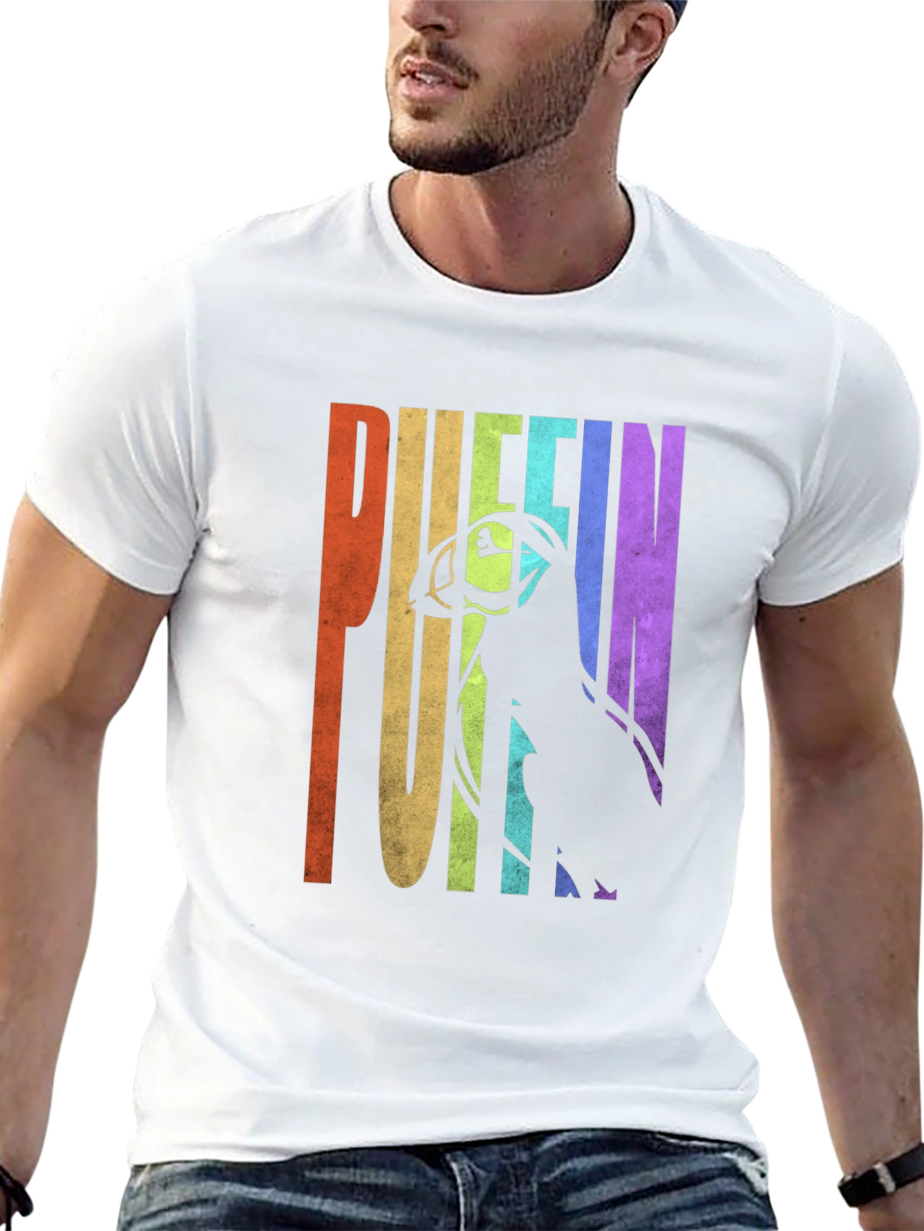 Puffin Graphic T-Shirt - Rainbow Letters Bird Silhouette