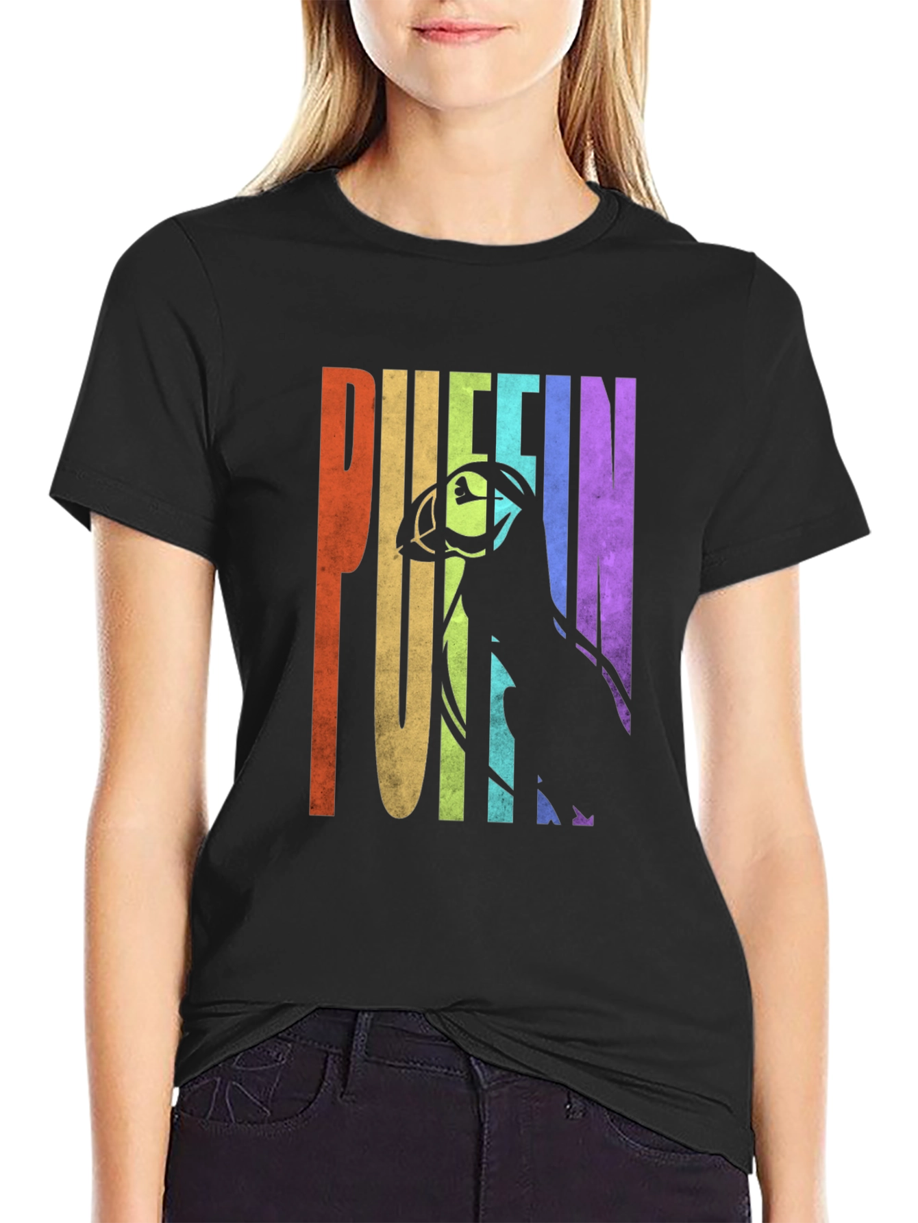 Puffin Graphic T-Shirt - Rainbow Letters Bird Silhouette