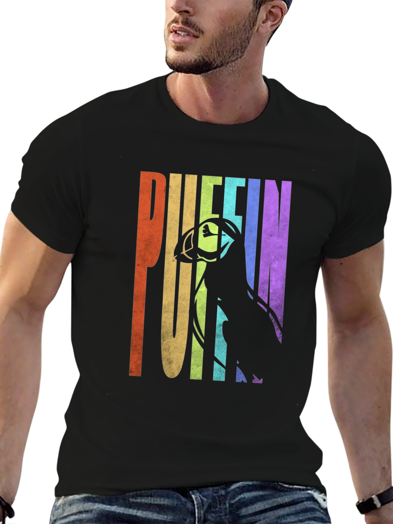 Puffin Graphic T-Shirt - Rainbow Letters Bird Silhouette