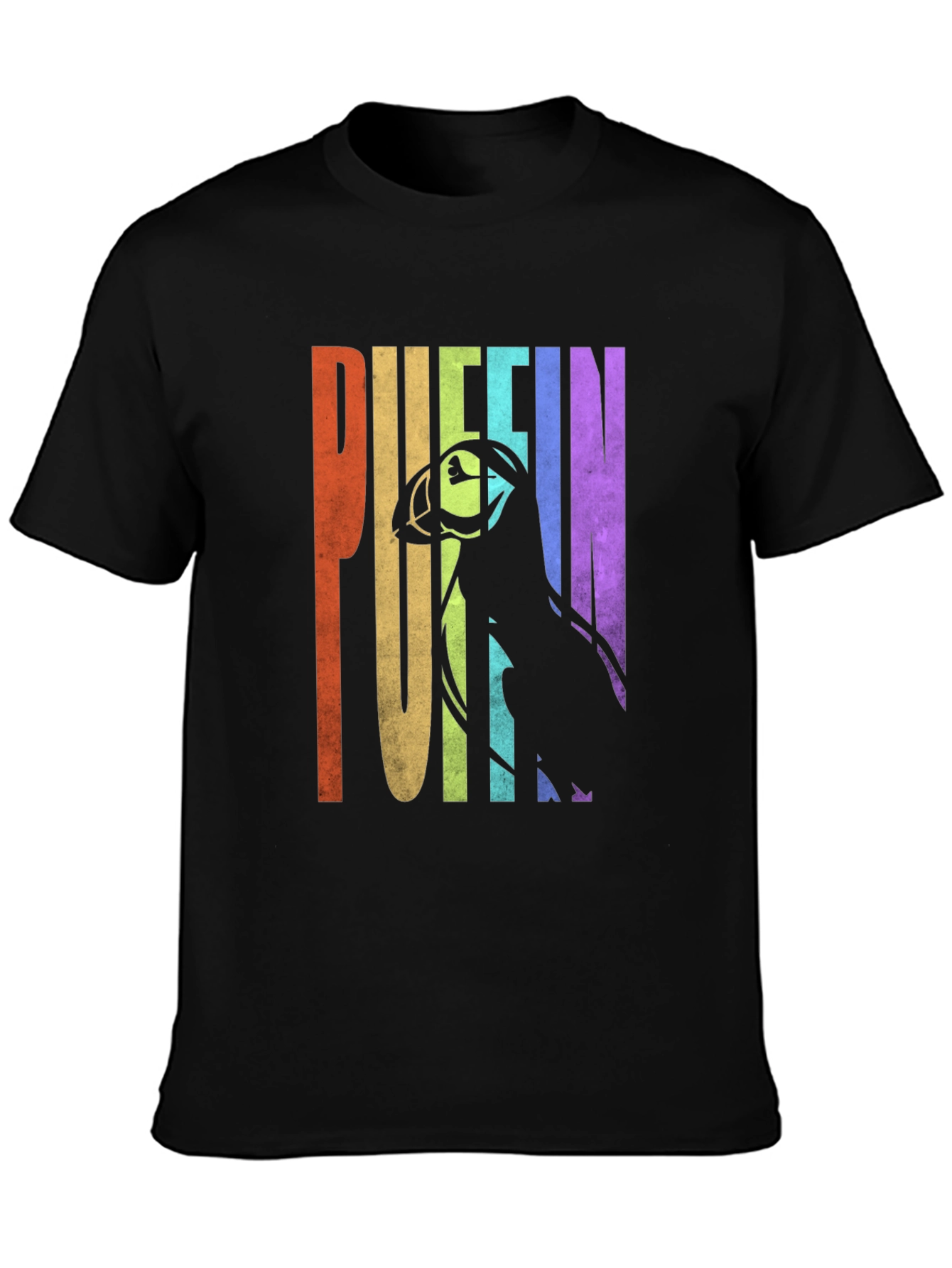 Puffin Graphic T-Shirt - Rainbow Letters Bird Silhouette