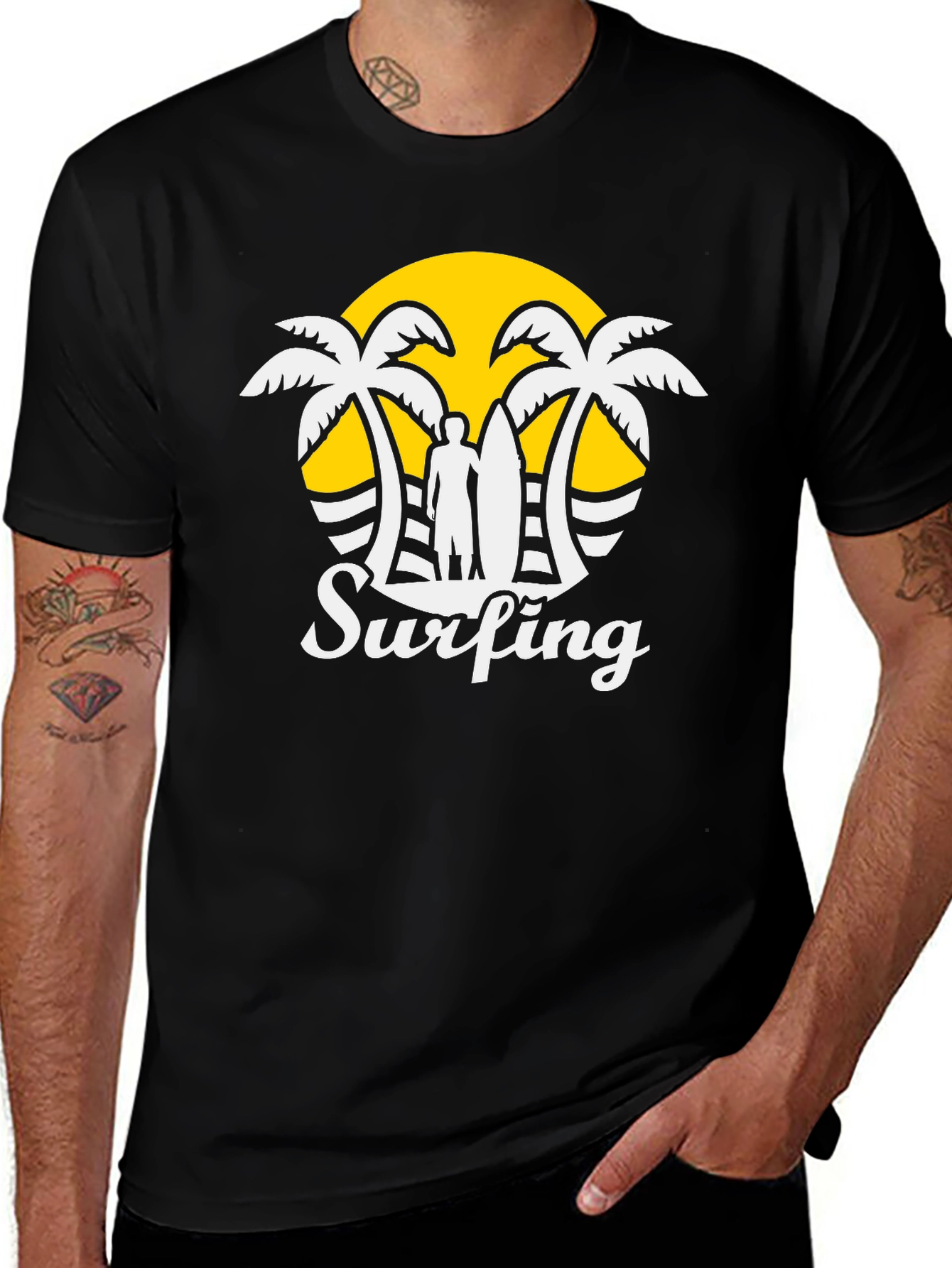 Mens Black Surfing Graphic T-Shirt