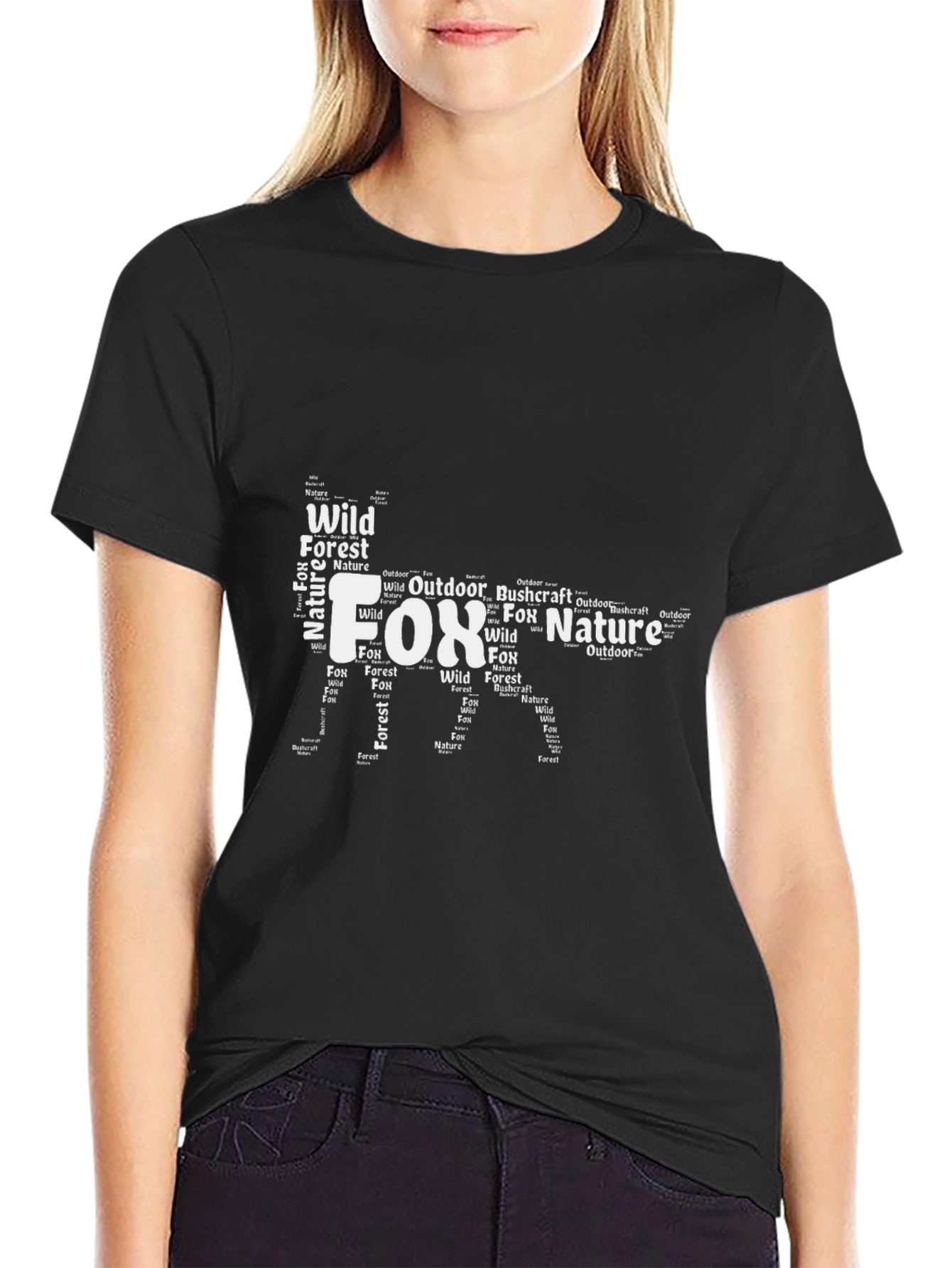 Fox Nature Word Art Graphic Black T-Shirt