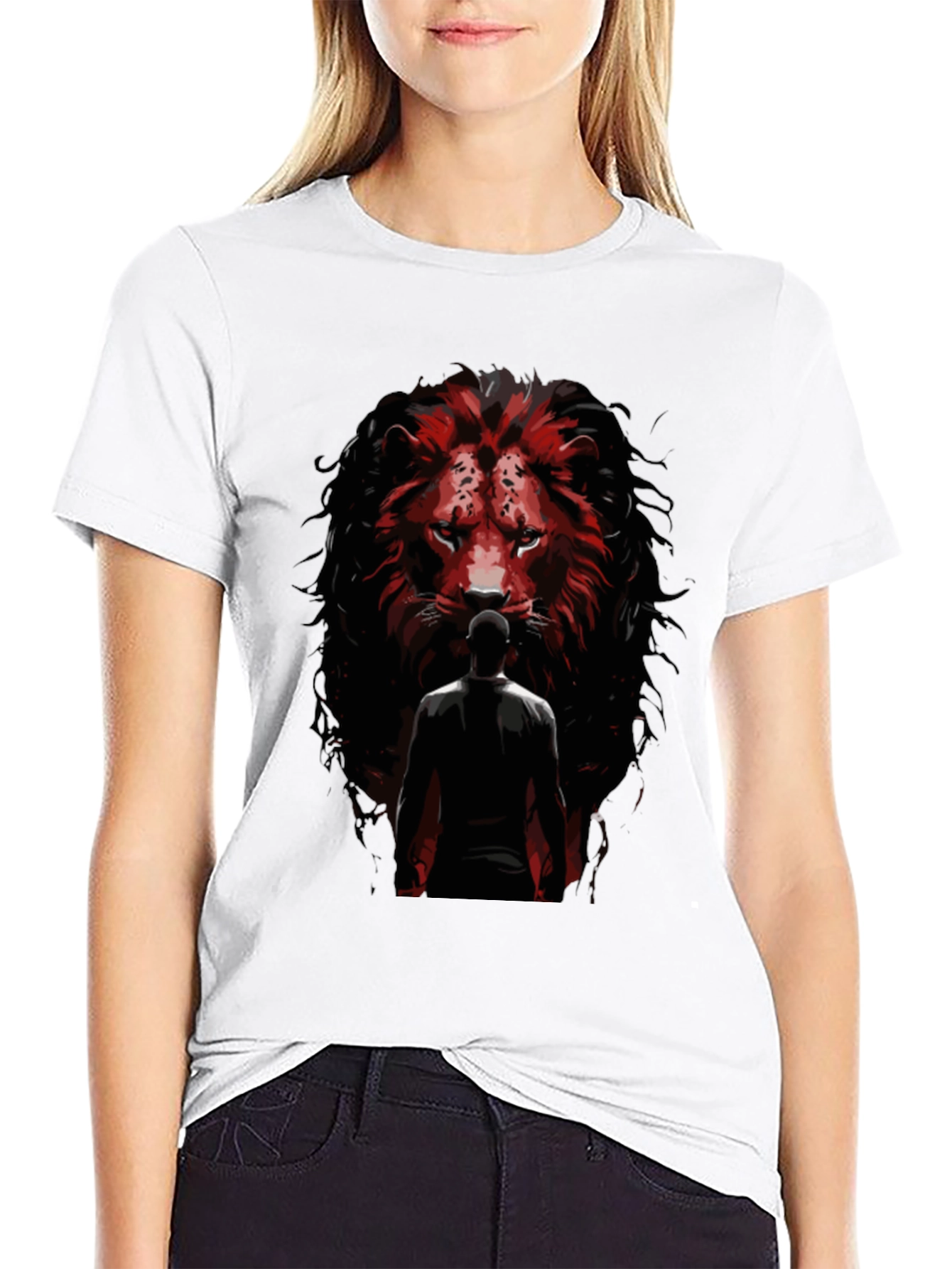 Lion Facing Man Graphic Tee - Black