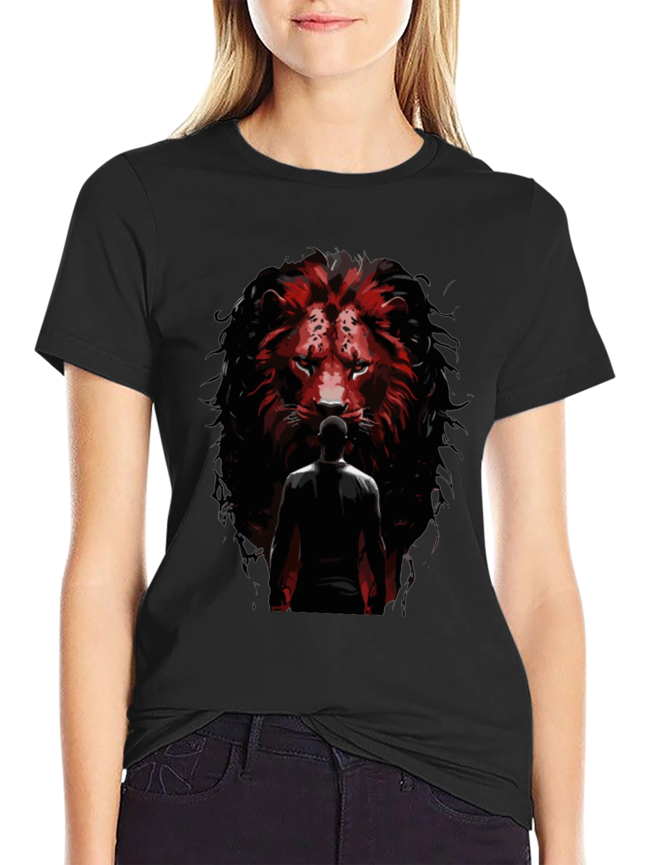 Lion Facing Man Graphic Tee - Black