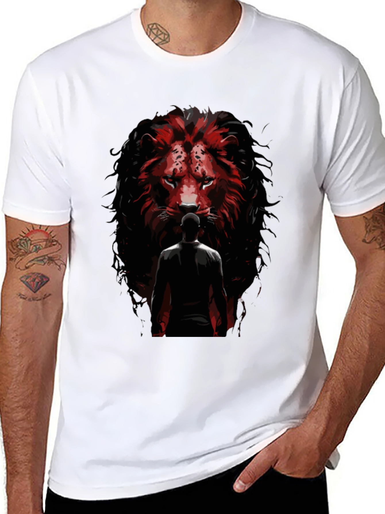 Lion Facing Man Graphic Tee - Black