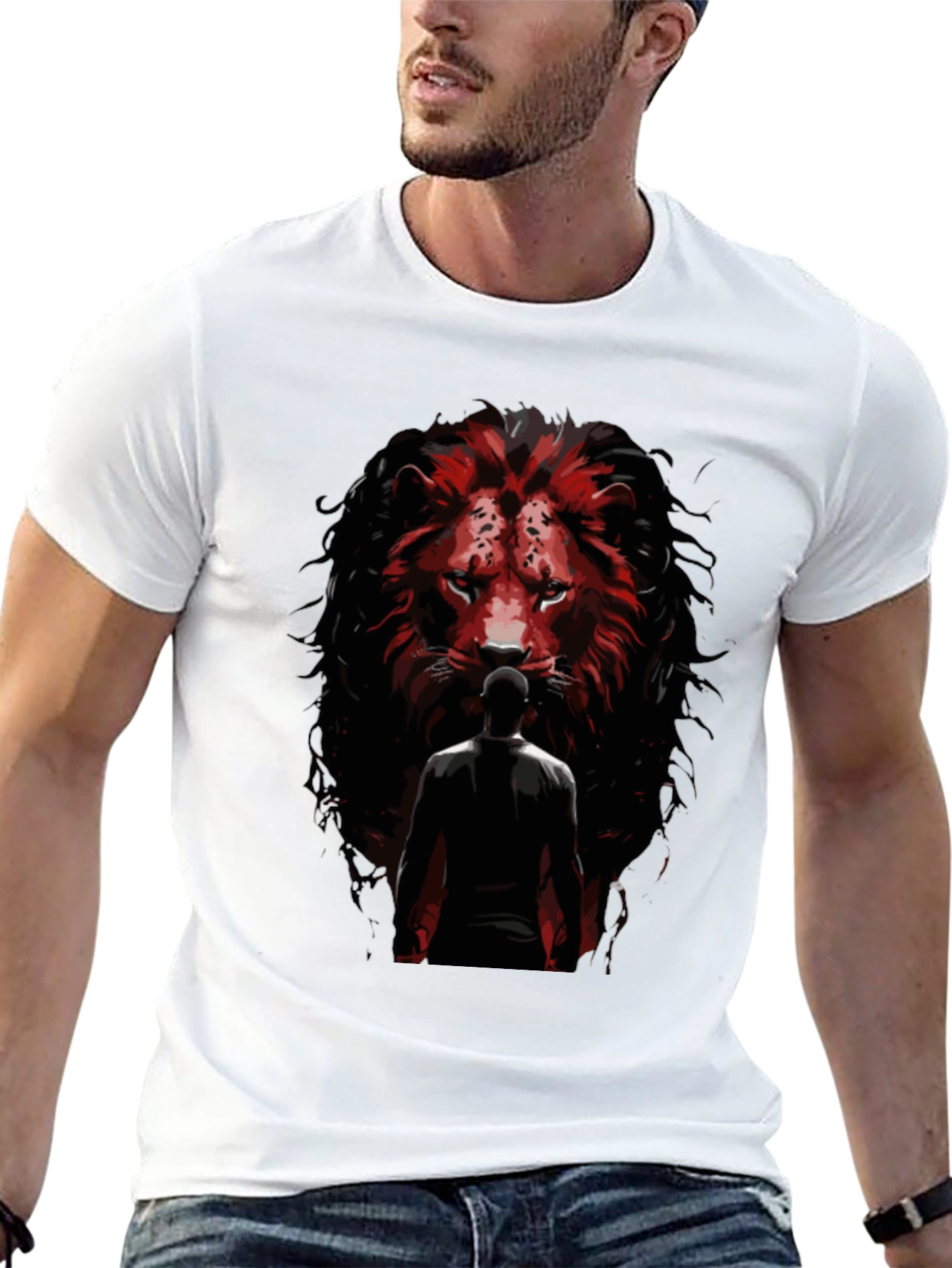 Lion Facing Man Graphic Tee - Black