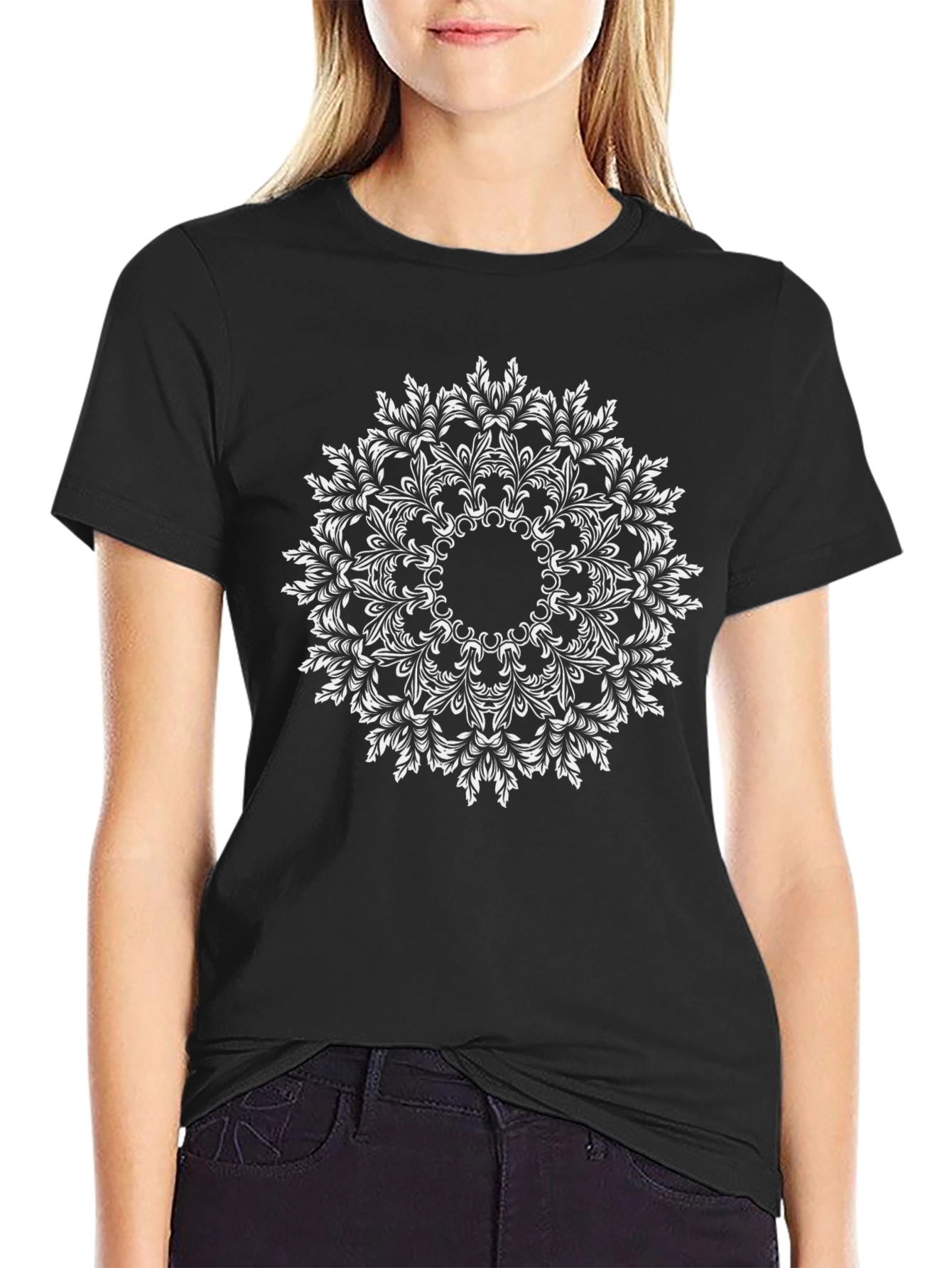 Black T-Shirt with White Mandala Design