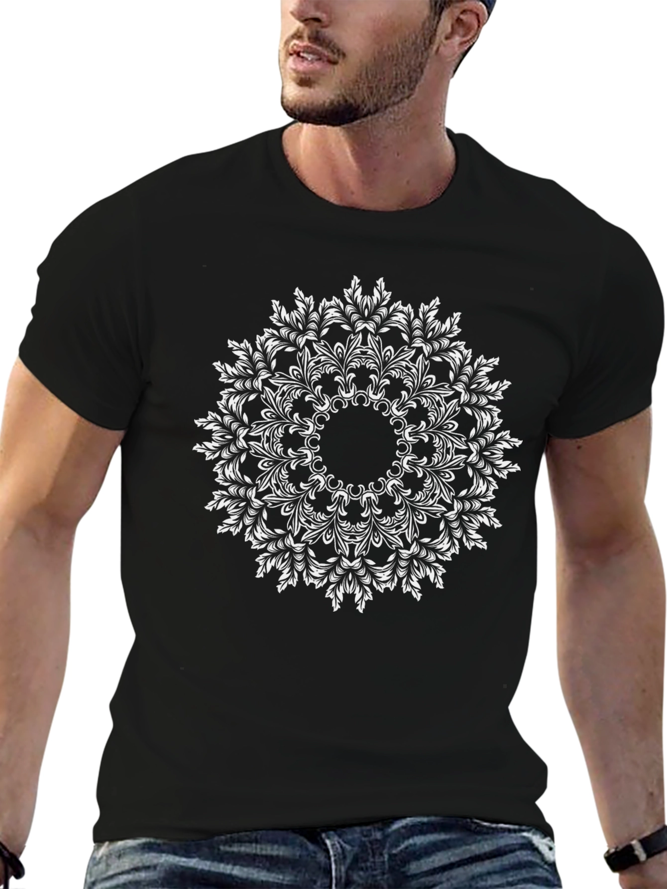 Black T-Shirt with White Mandala Design