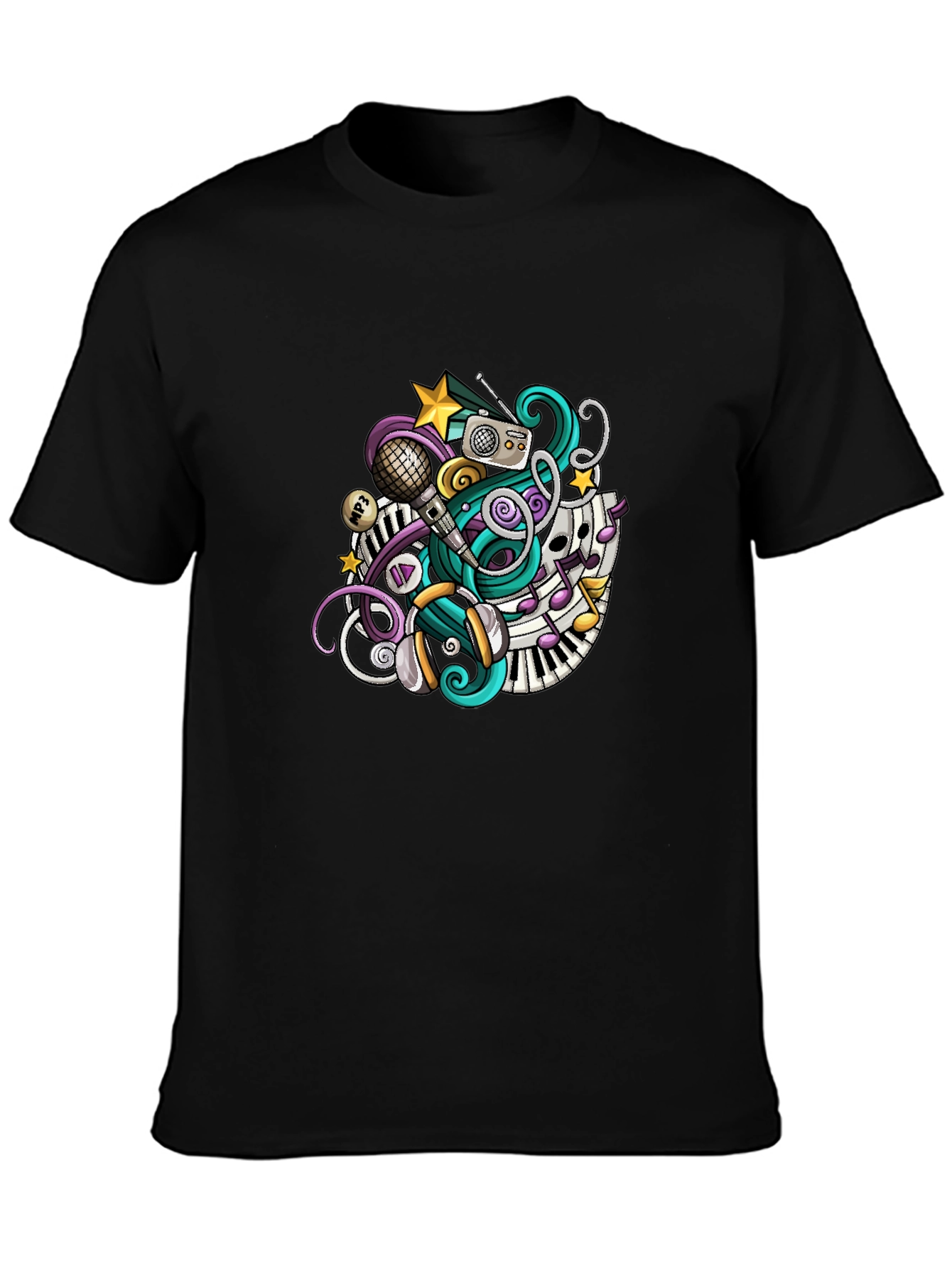 Musical Doodle Graphic Tee - Black Crew Neck T-Shirt