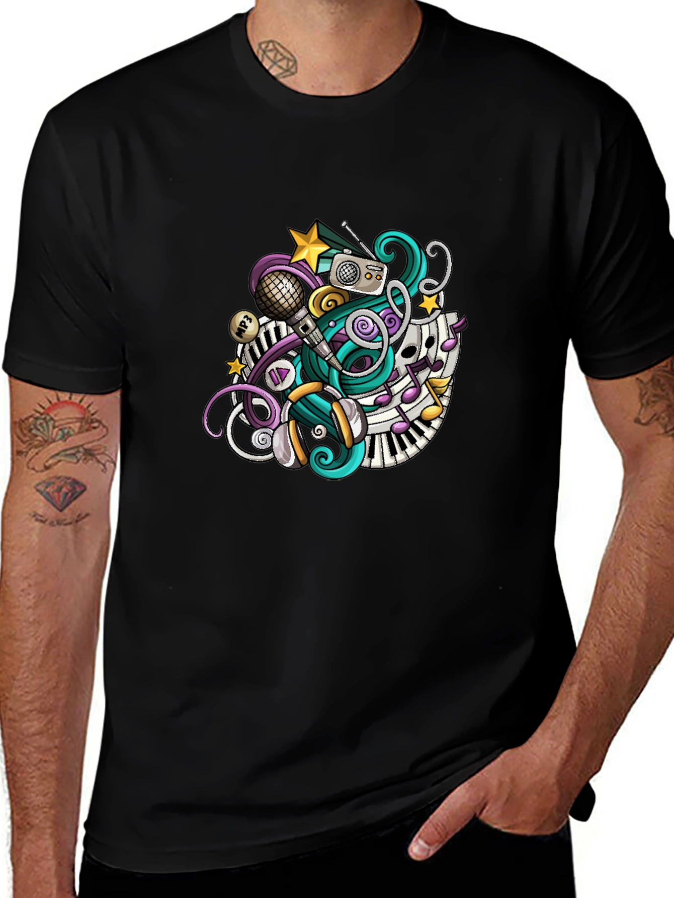 Musical Doodle Graphic Tee - Black Crew Neck T-Shirt