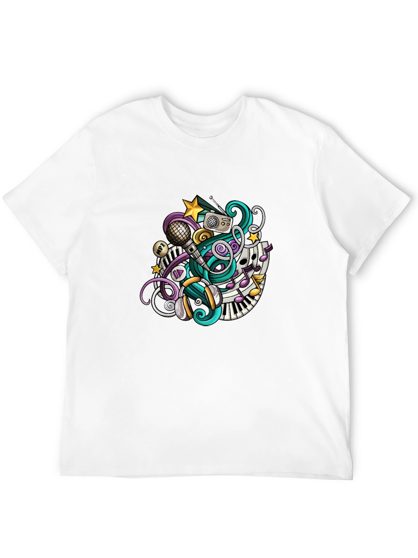 Musical Doodle Graphic Tee - Black Crew Neck T-Shirt