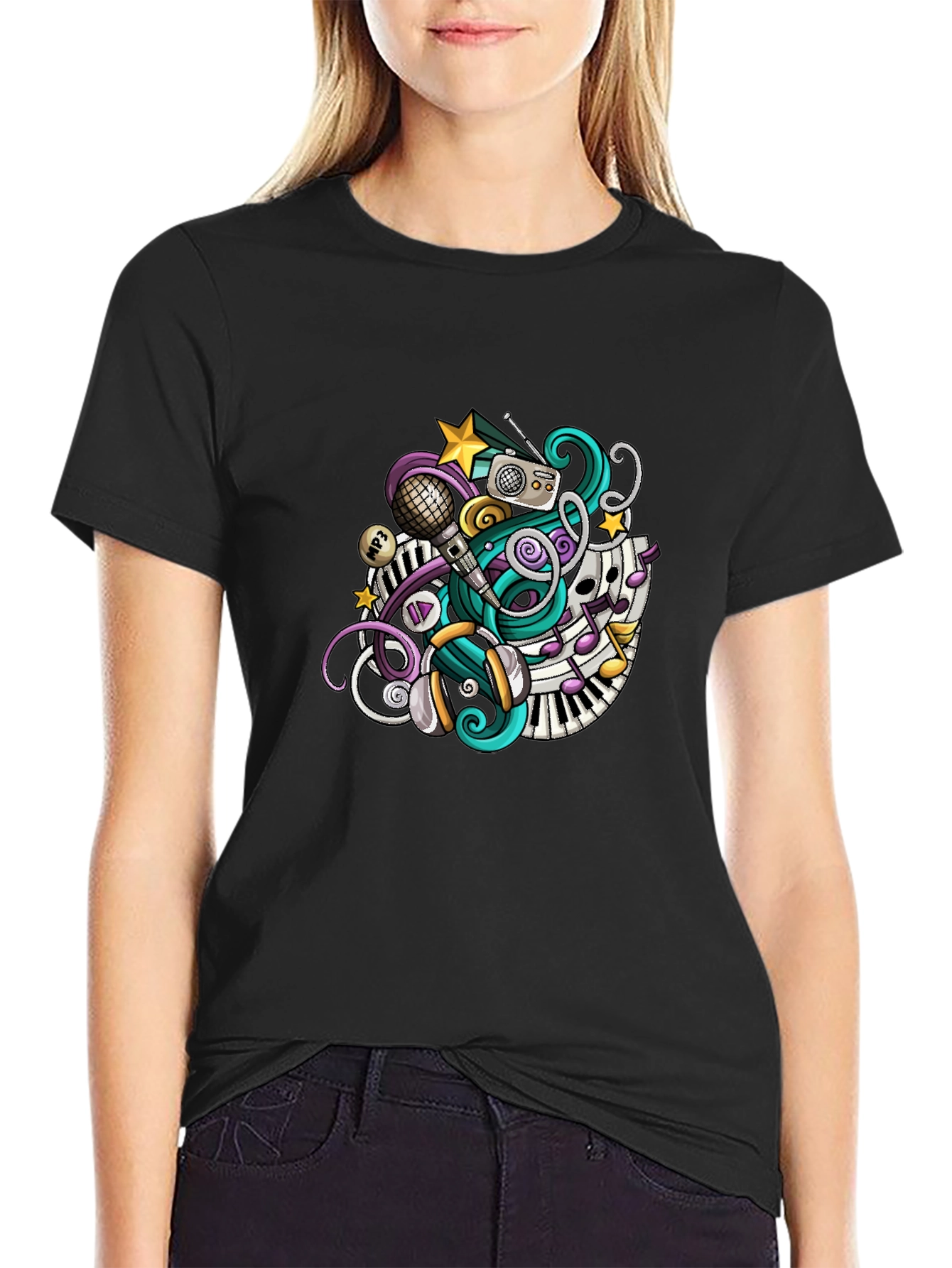 Musical Doodle Graphic Tee - Black Crew Neck T-Shirt