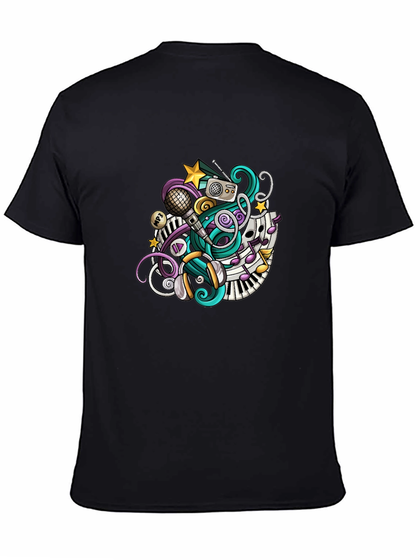 Musical Doodle Graphic Tee - Black Crew Neck T-Shirt