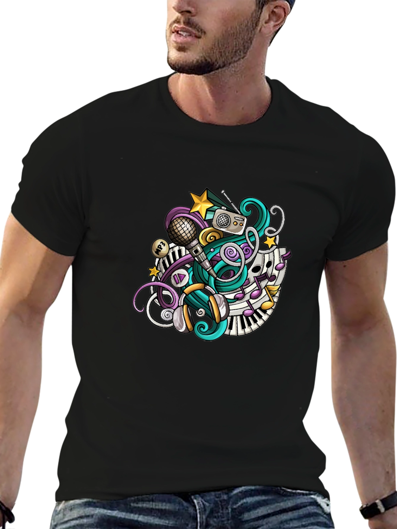 Musical Doodle Graphic Tee - Black Crew Neck T-Shirt